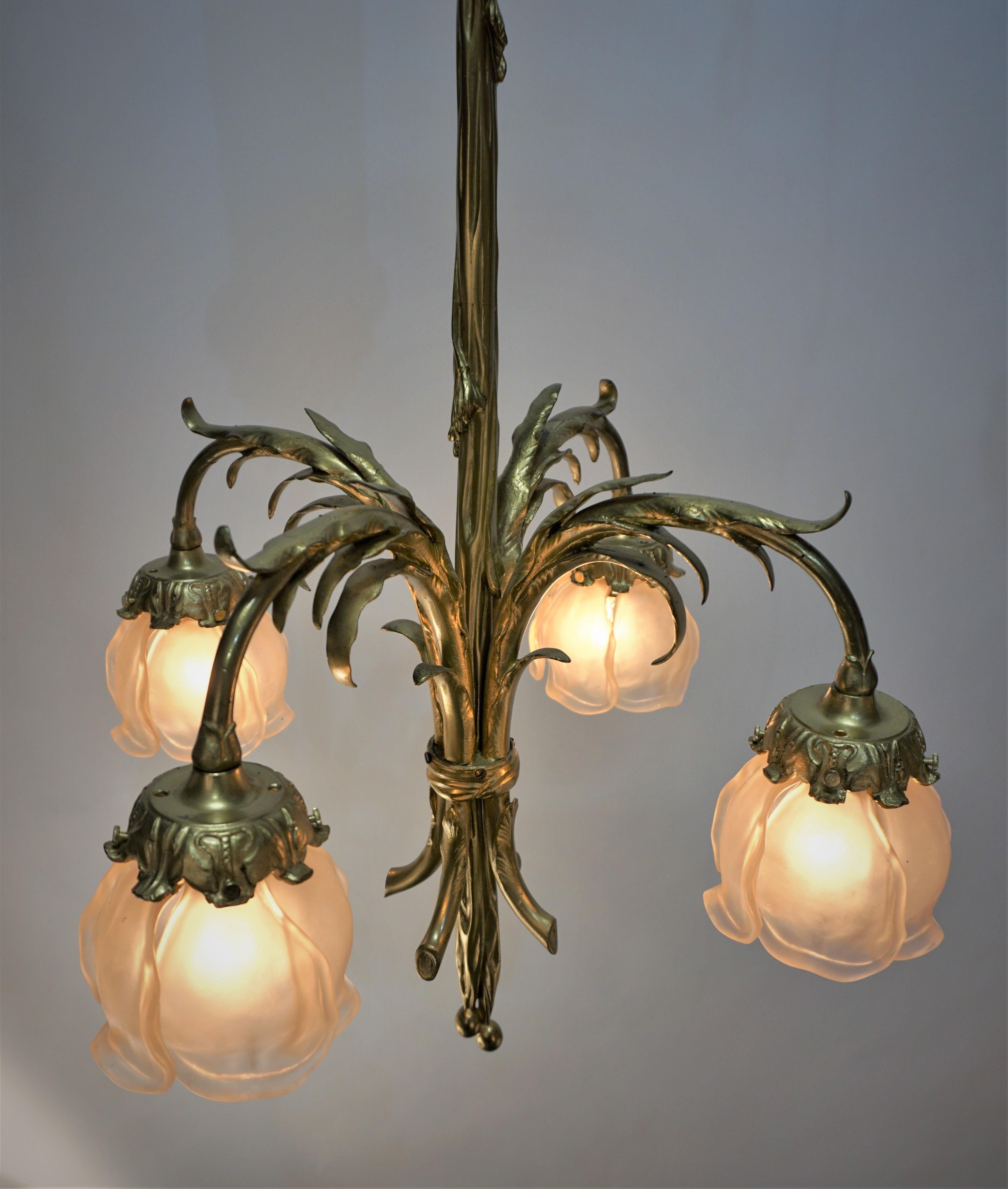 French Art Nouveau Bronze Chandelier For Sale 5