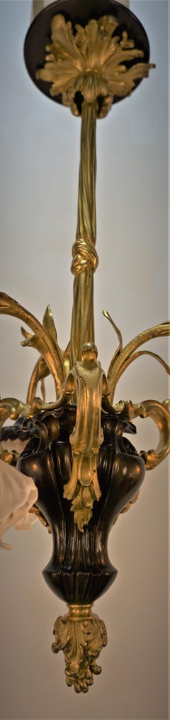 French Art Nouveau Bronze Chandelier with Blown Glass Shades