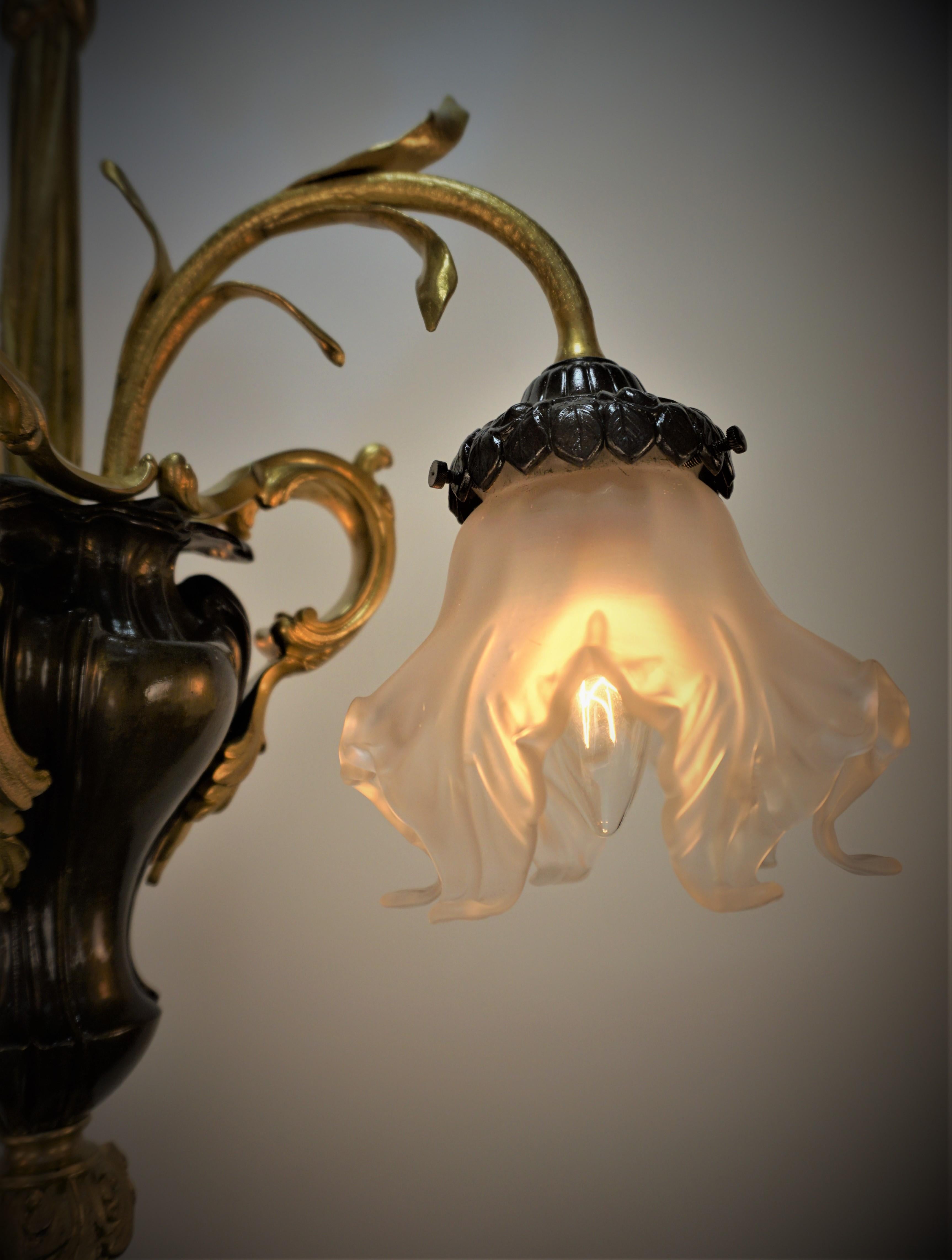 French Art Nouveau Bronze Chandelier with Blown Glass Shades In Good Condition For Sale In Fairfax, VA