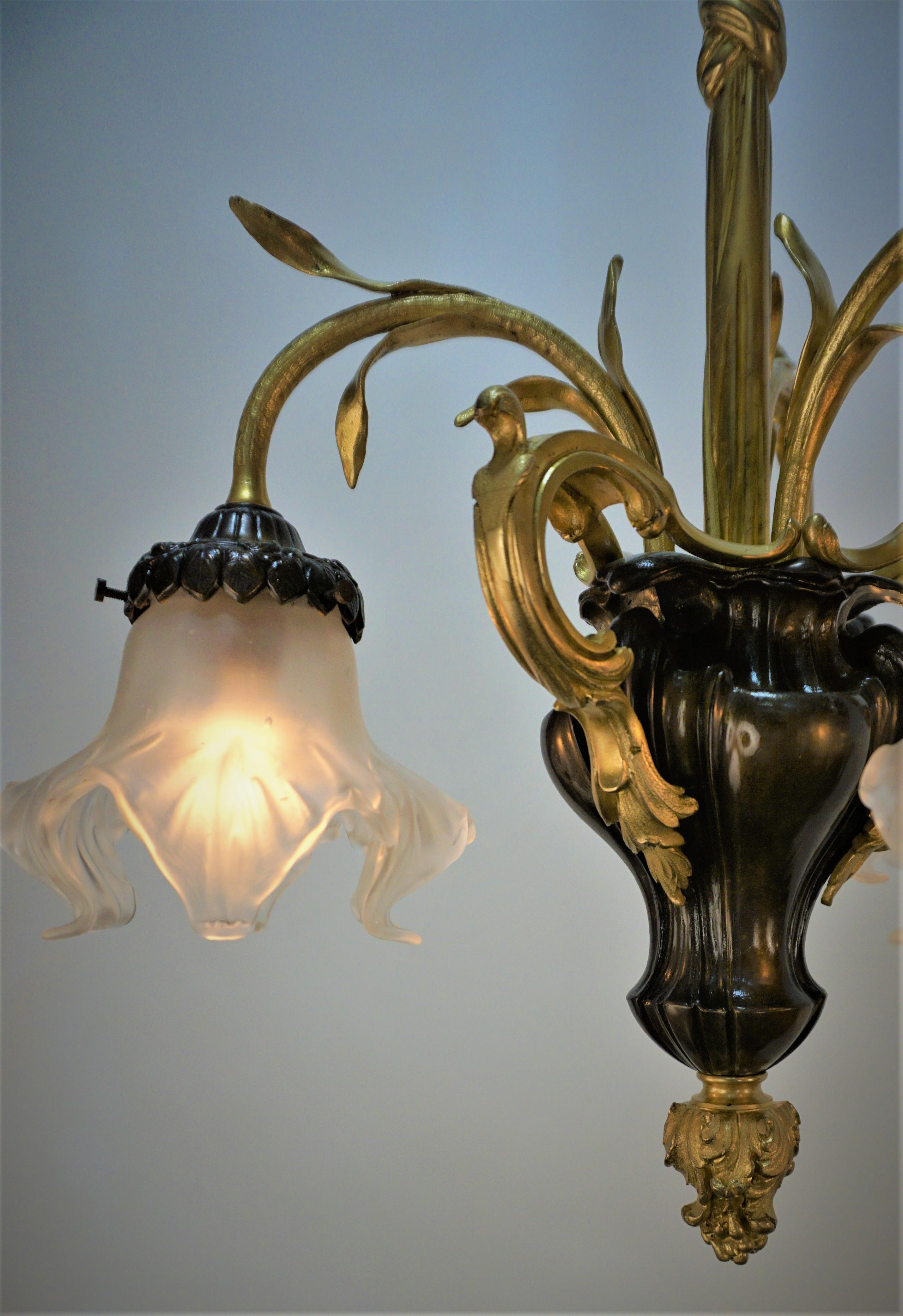 French Art Nouveau Bronze Chandelier with Blown Glass Shades For Sale 2