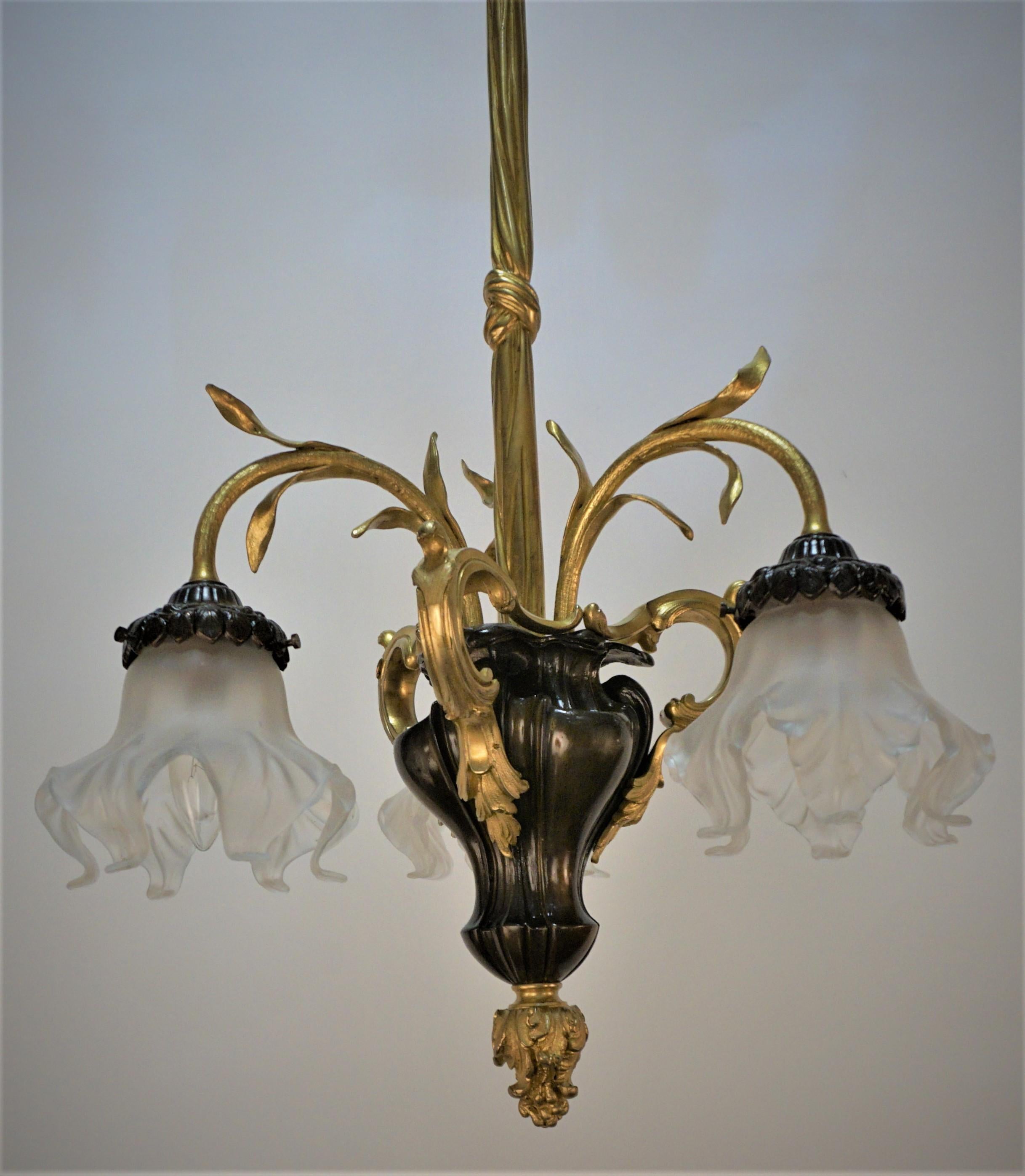 French Art Nouveau Bronze Chandelier with Blown Glass Shades For Sale 3