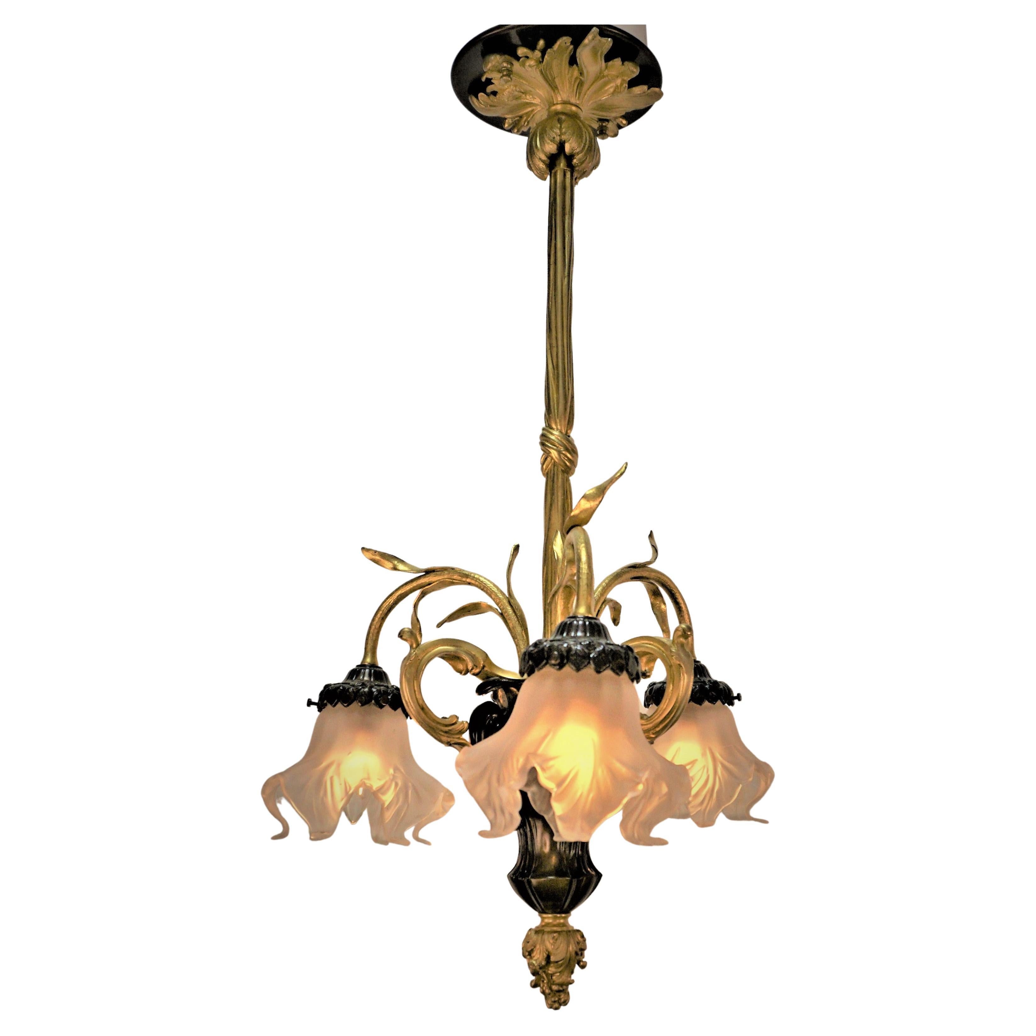 French Art Nouveau Bronze Chandelier with Blown Glass Shades For Sale