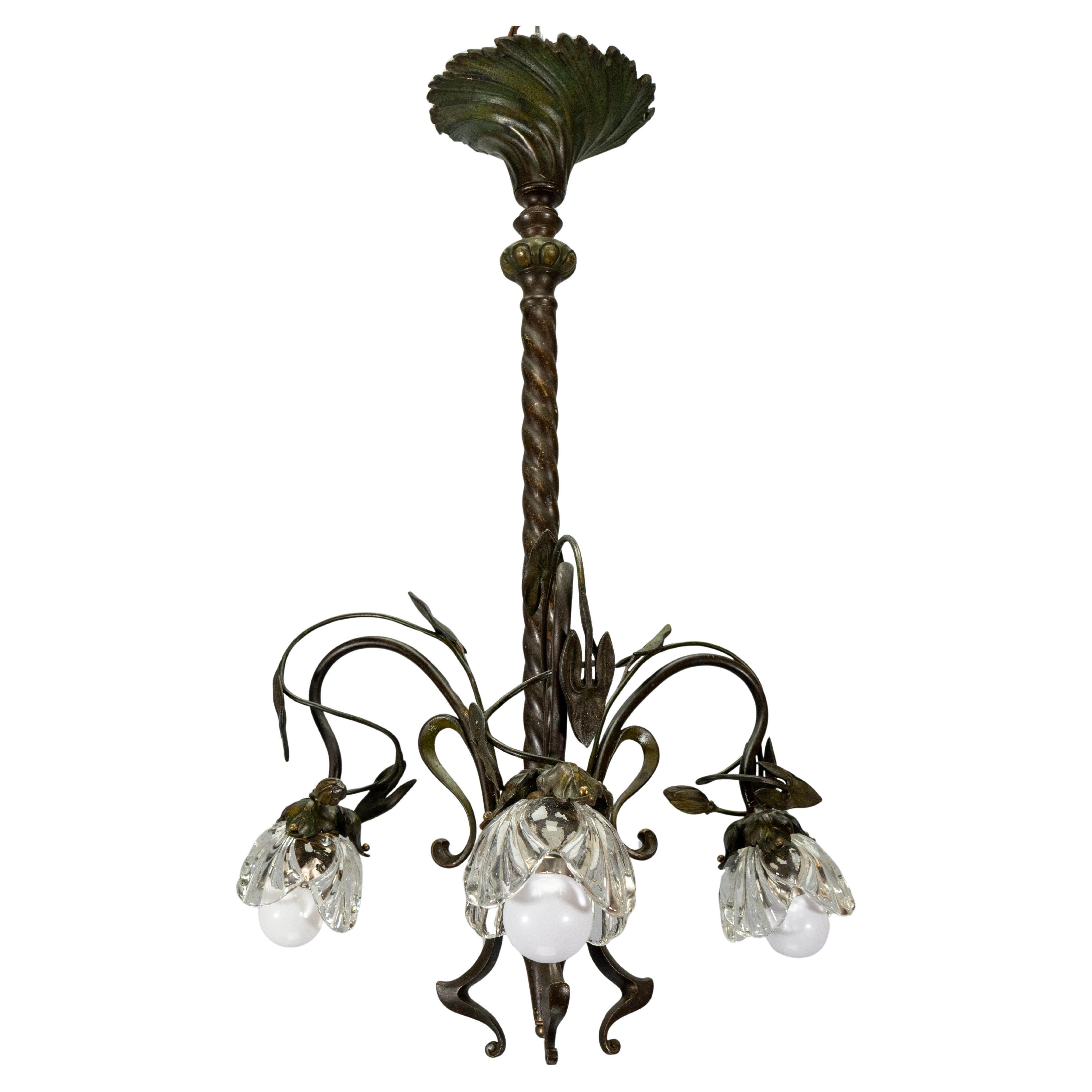 French Art Nouveau Bronze Chandelier with Clear Glass Botanical Shades, ca 1910