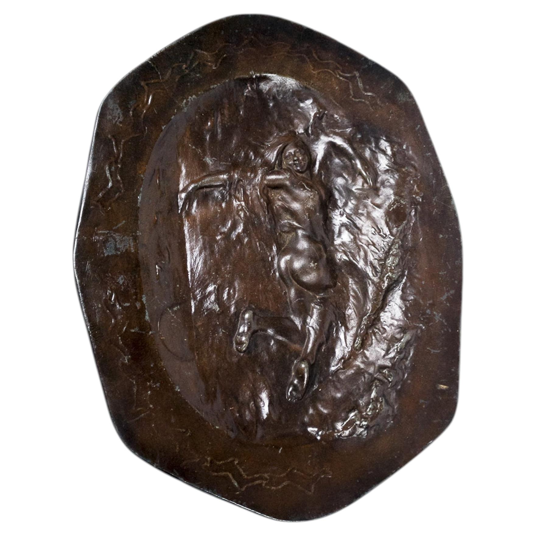 French Art Nouveau Bronze Charger, Nude Wall Sculptural Relief, 20th Century For Sale