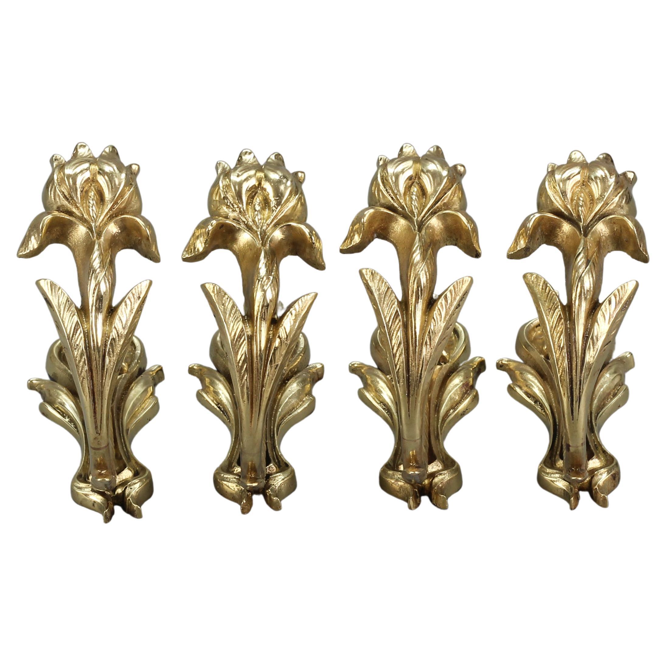 French Art Nouveau Bronze Curtain Tiebacks or Curtain Holders Iris, Set of Four