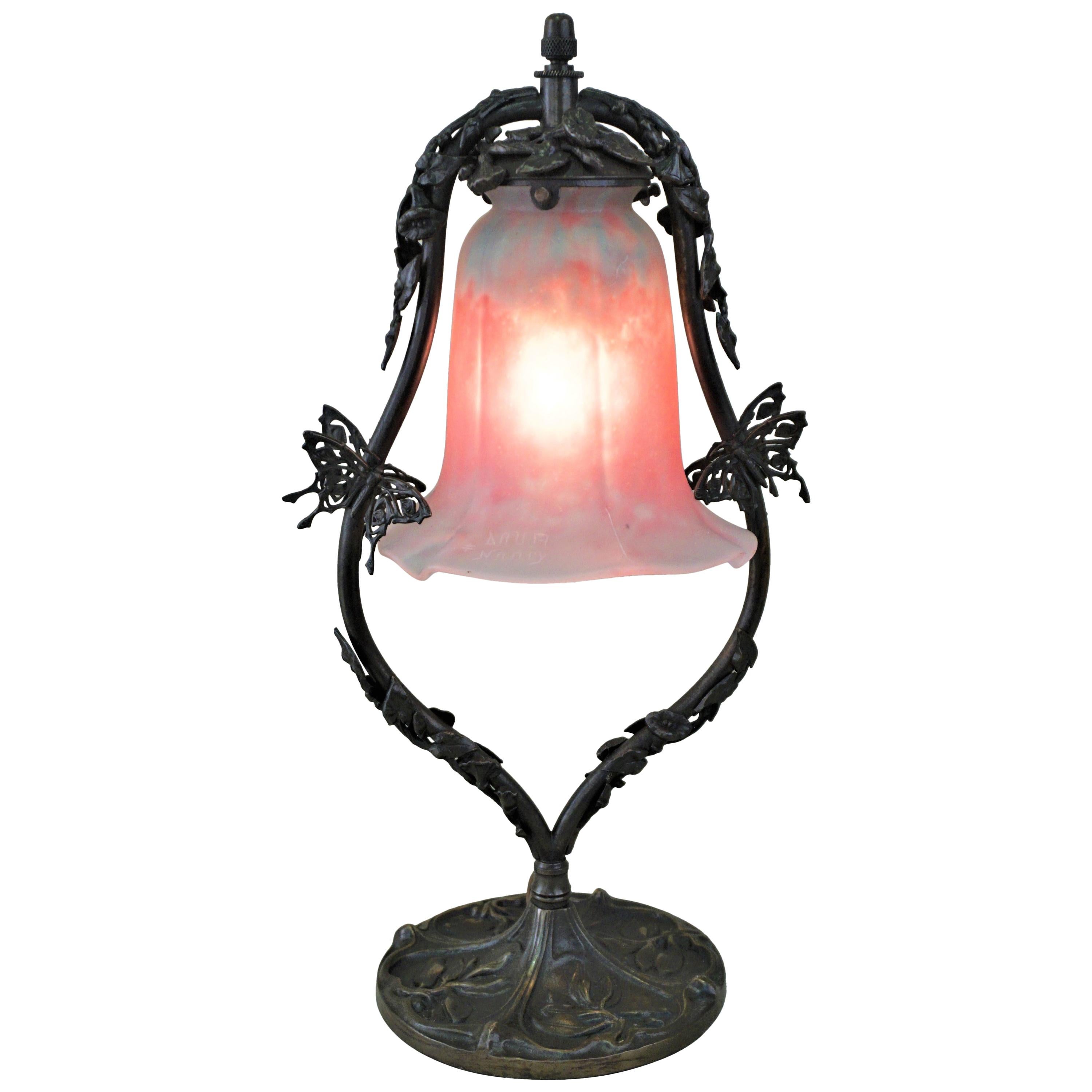 French Art Nouveau Bronze and Daum Glass Table lamp