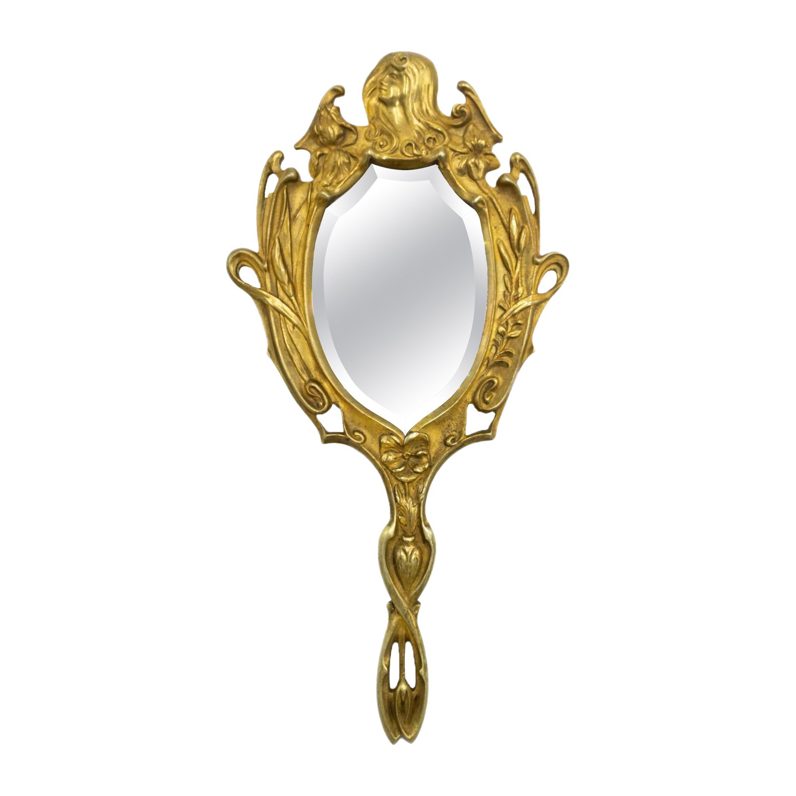 French Art Nouveau Bronze Dore Hand Mirror
