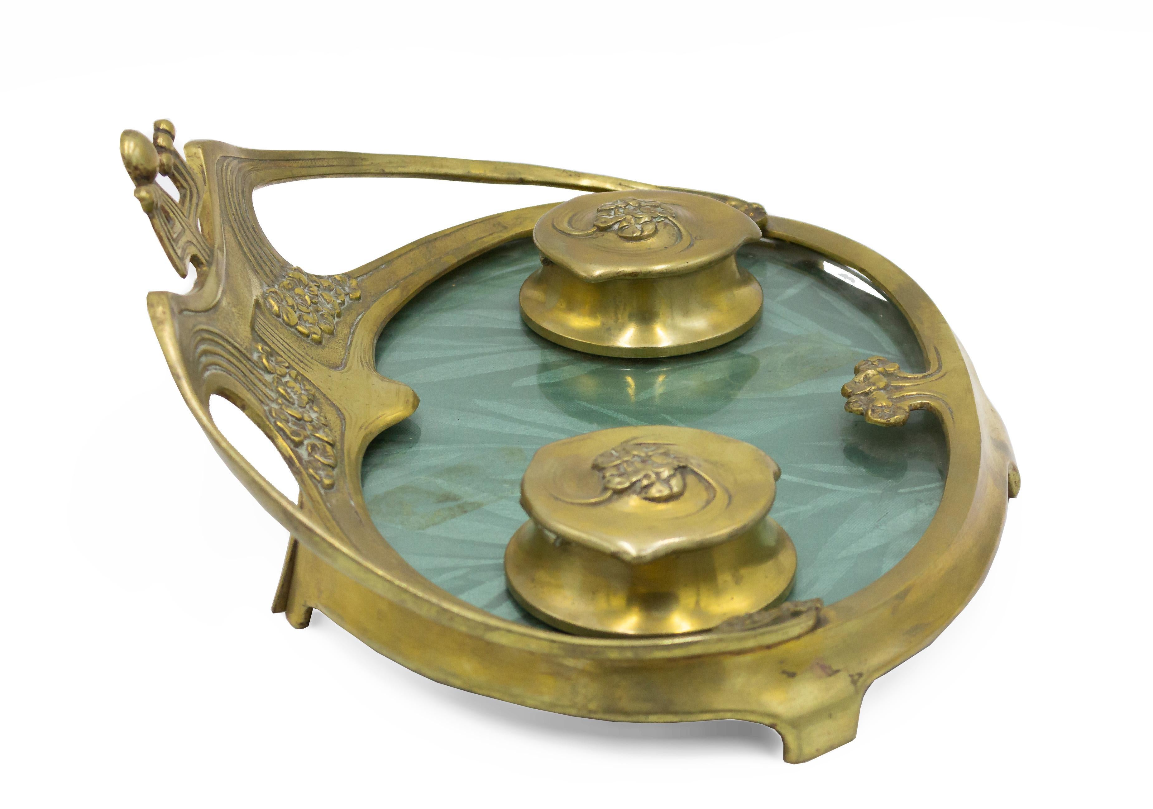 French Art Nouveau Bronze Dore Inkwell For Sale 3