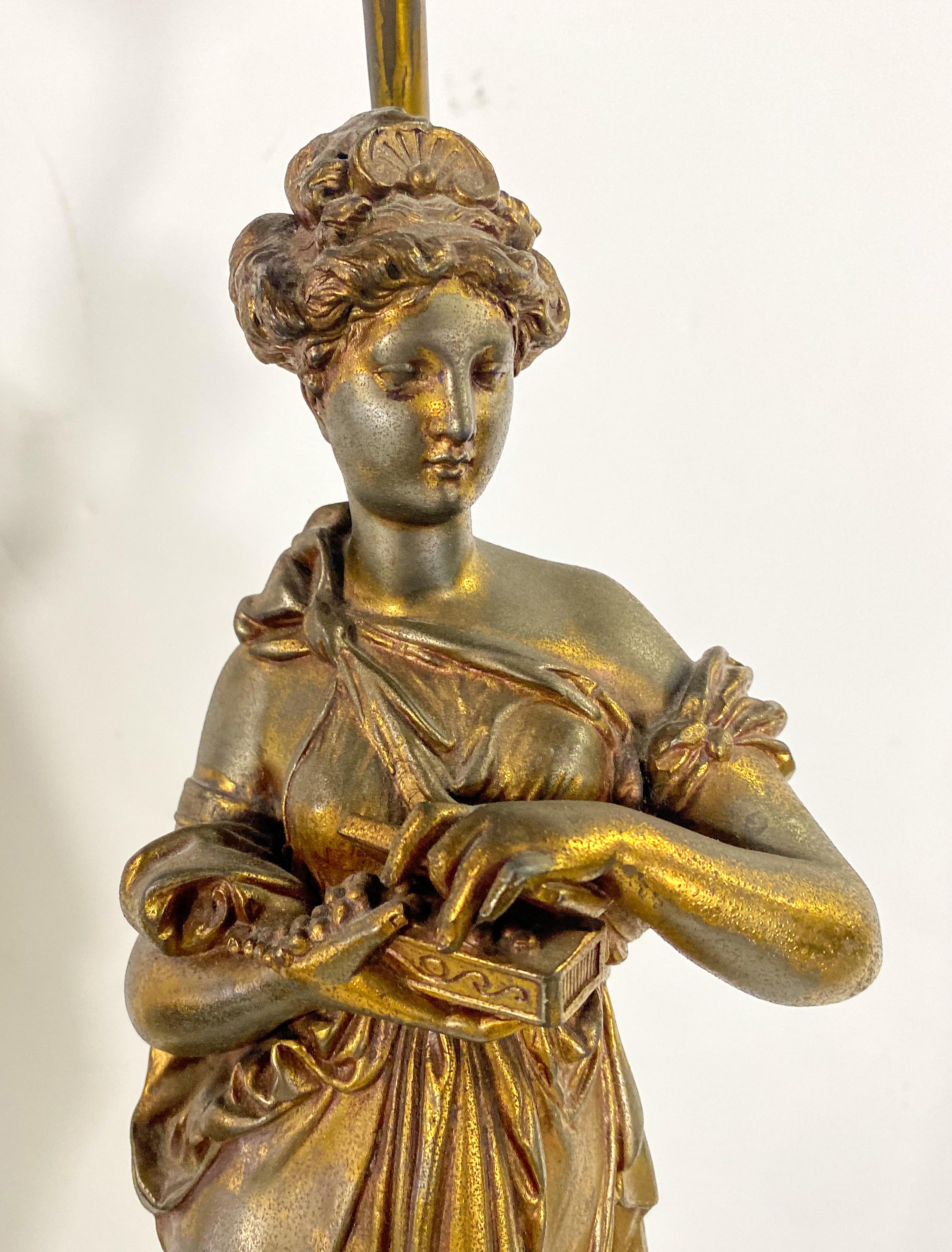 Französische figurale Jugendstil-Tischlampe aus Bronze, Paar im Angebot 3