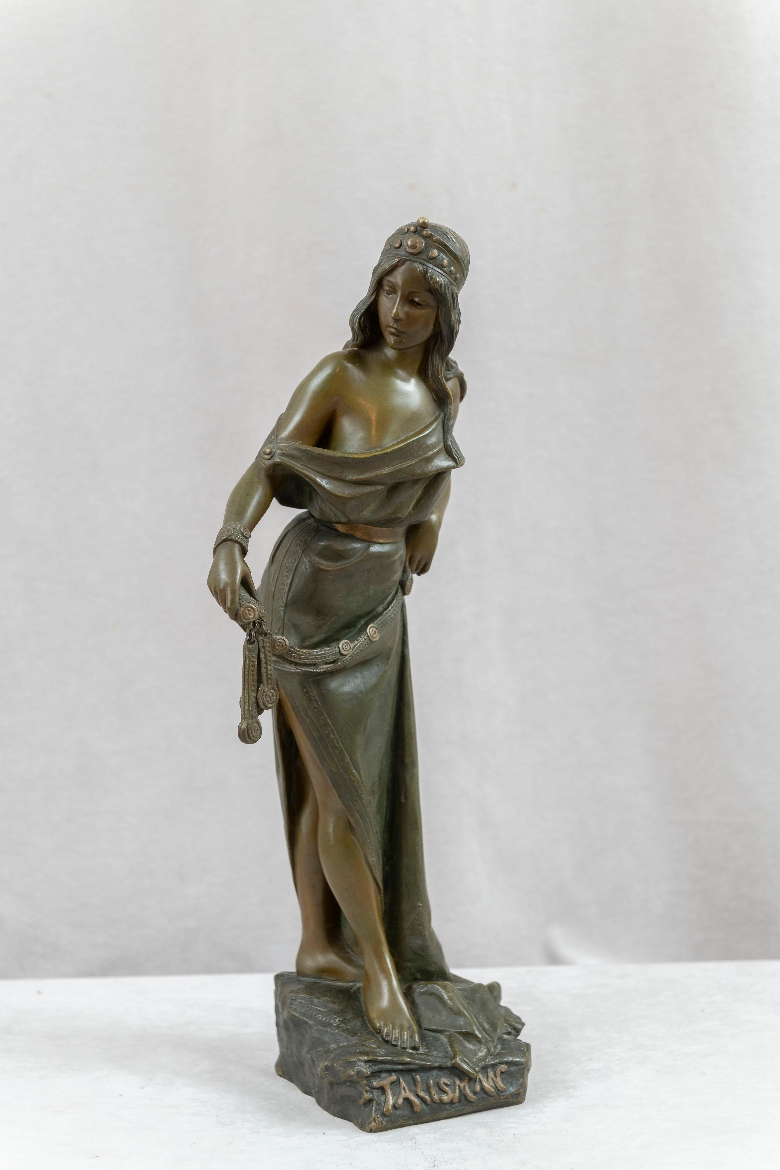  This beautiful young woman is a fine example of the creations of the noted French sculptor, Emmanuel Villanis (1858-1914). You will find his works to be predominantly art nouveau woman of which a majority were busts. The foundries he incorporated
