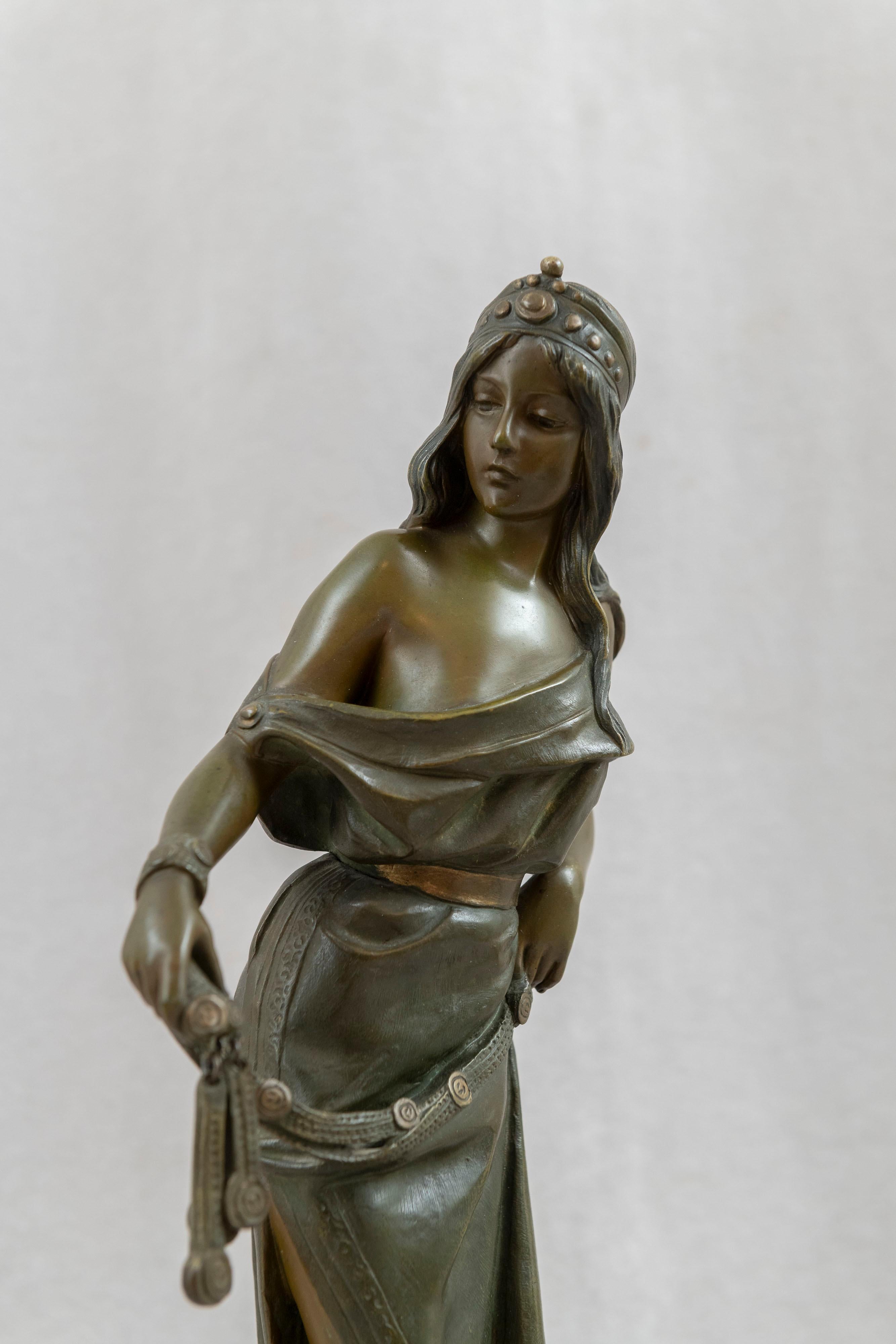 Cast French Art Nouveau Bronze Figure of a Beautiful Young Girl by Emmanuel Villanis For Sale