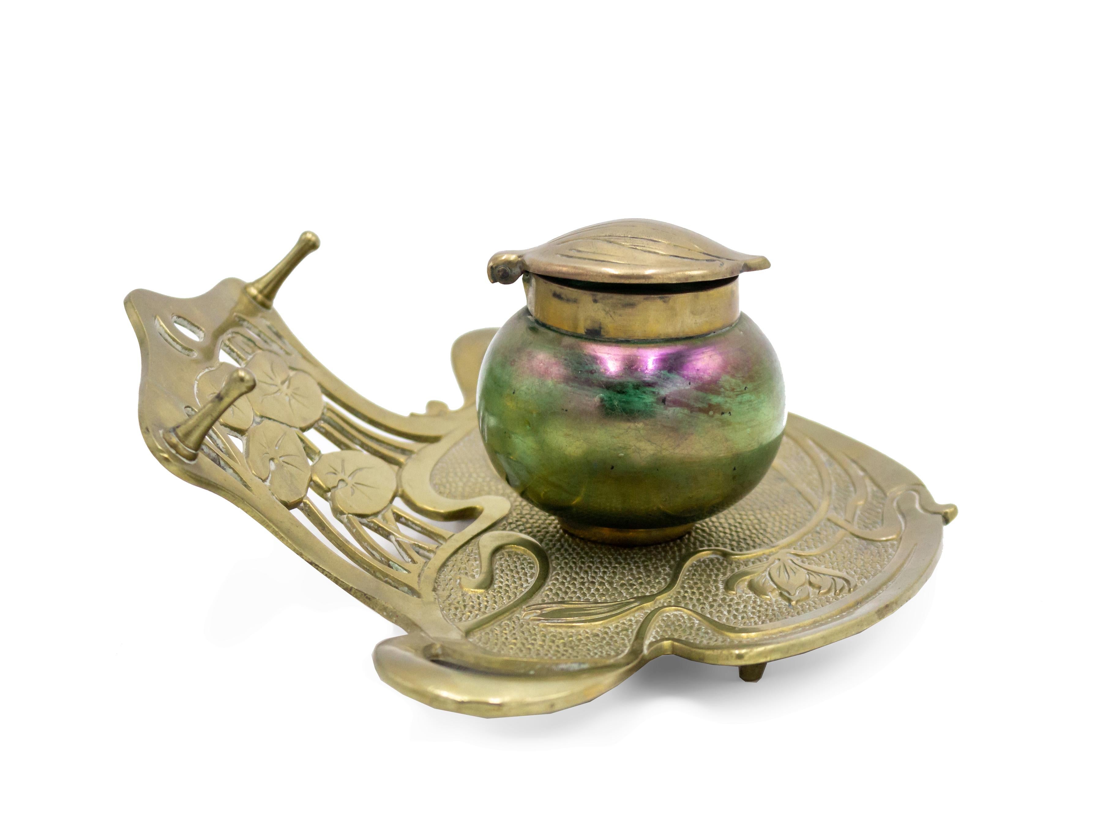 Glass French Art Nouveau Bronze Floral Inkwell For Sale