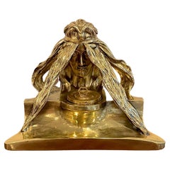 Antique French Art Nouveau Bronze Inkwell of a Maiden with Long Hair