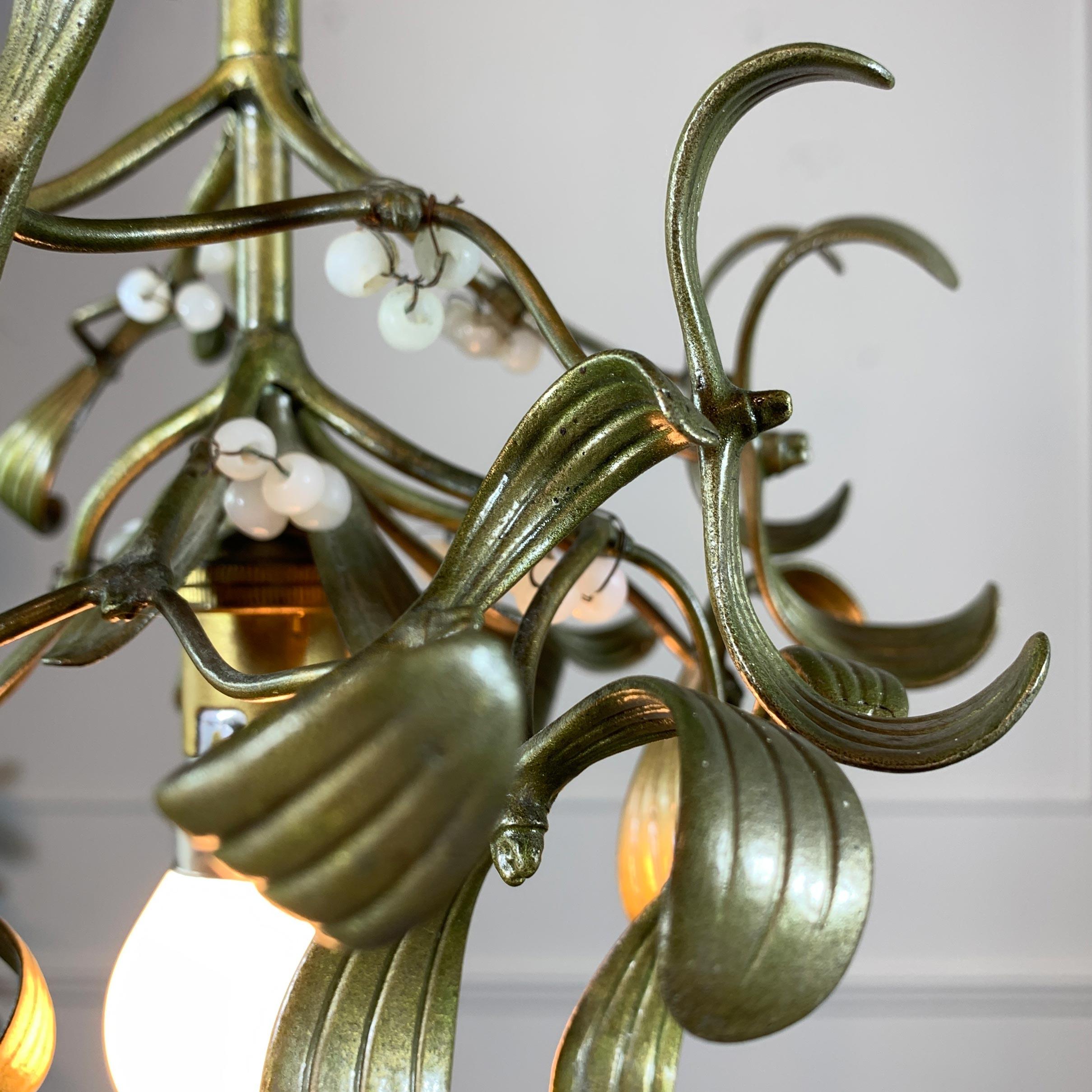 French Art Nouveau Green Bronze Mistletoe Chandelier In Good Condition For Sale In Hastings, GB