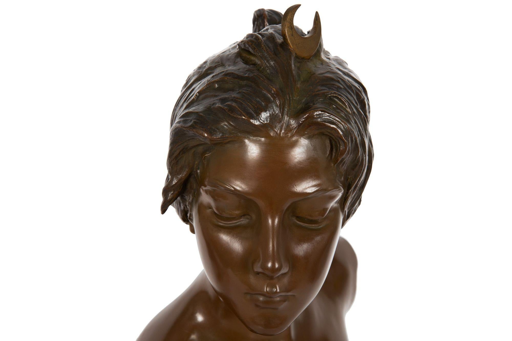 French Art Nouveau Bronze Sculpture “Bust of Diana” by Emmanuel Villanis For Sale 9
