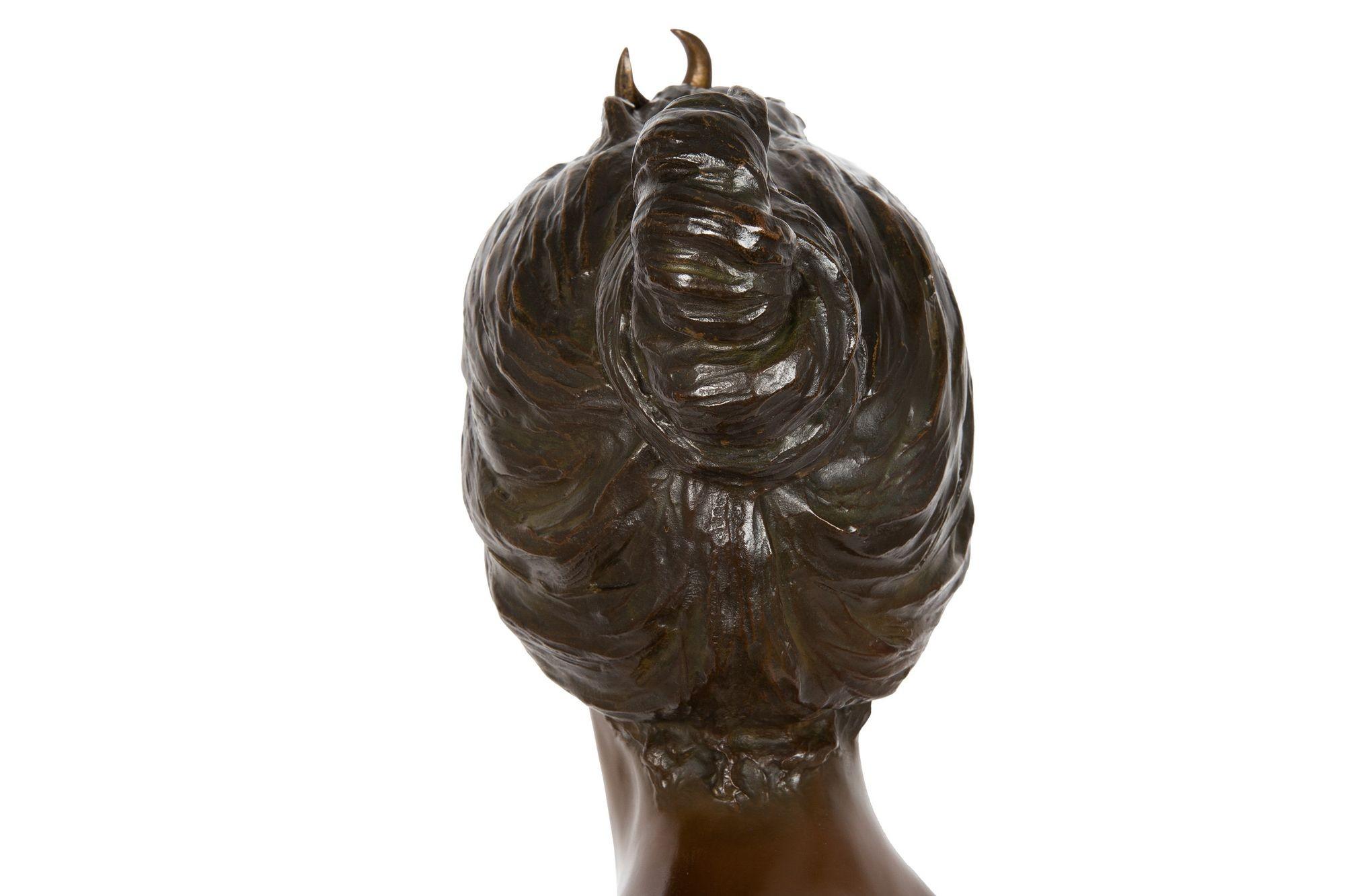 French Art Nouveau Bronze Sculpture “Bust of Diana” by Emmanuel Villanis For Sale 10