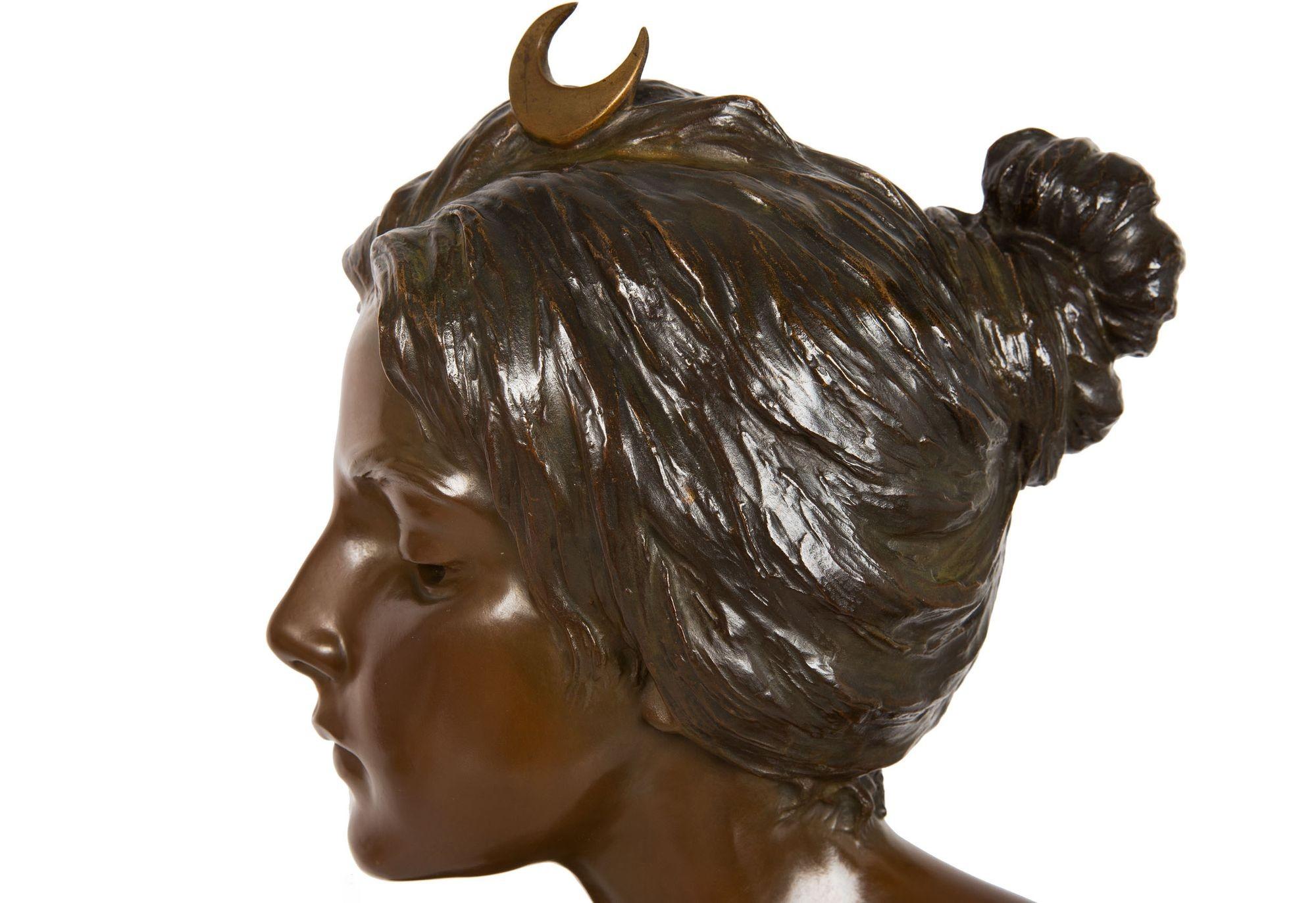French Art Nouveau Bronze Sculpture “Bust of Diana” by Emmanuel Villanis For Sale 11