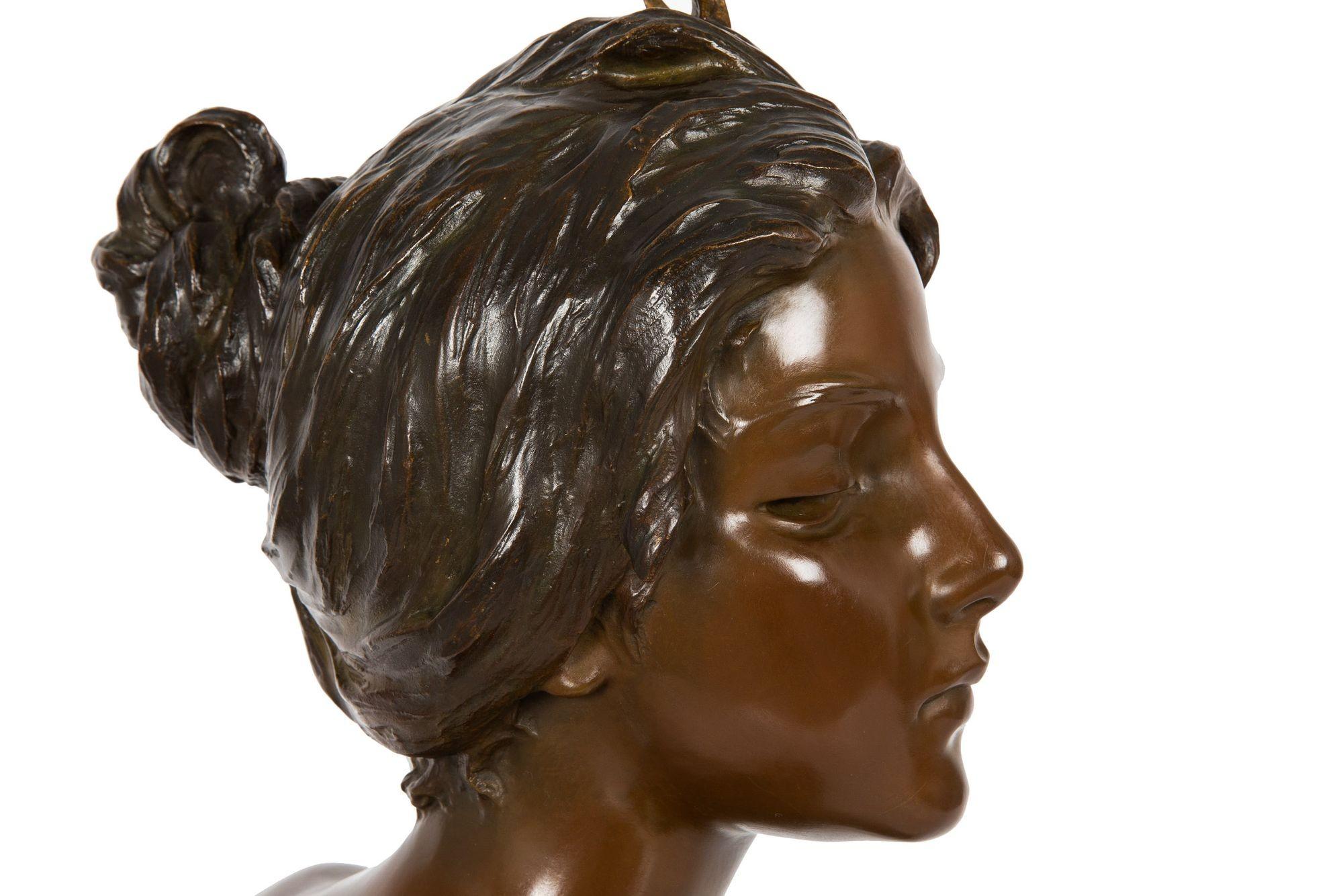 French Art Nouveau Bronze Sculpture “Bust of Diana” by Emmanuel Villanis For Sale 12