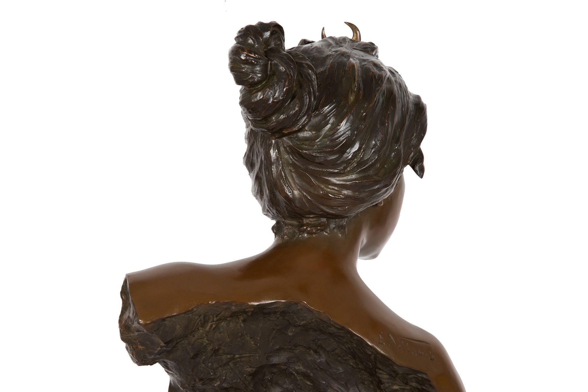 French Art Nouveau Bronze Sculpture “Bust of Diana” by Emmanuel Villanis For Sale 2
