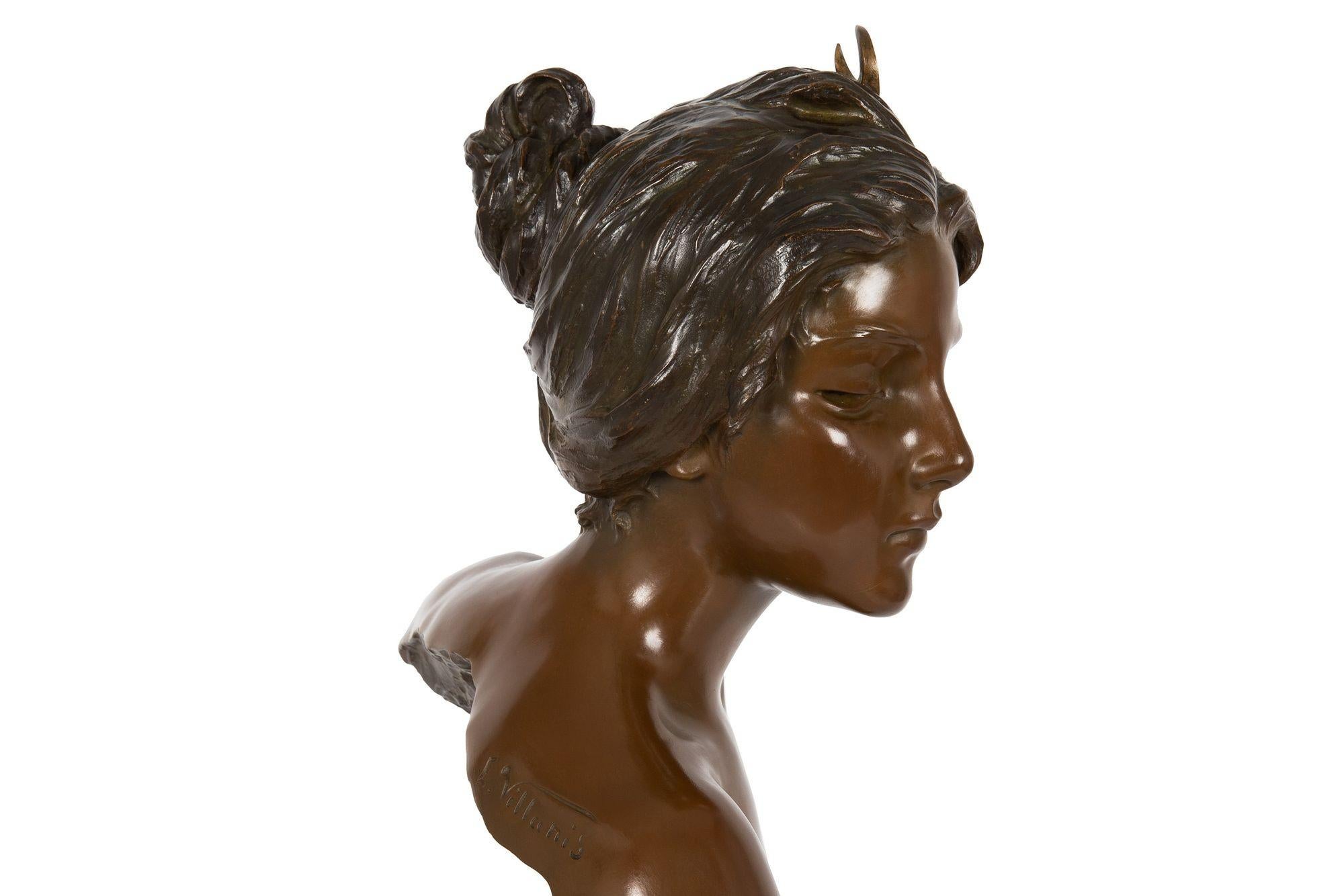 French Art Nouveau Bronze Sculpture “Bust of Diana” by Emmanuel Villanis For Sale 3