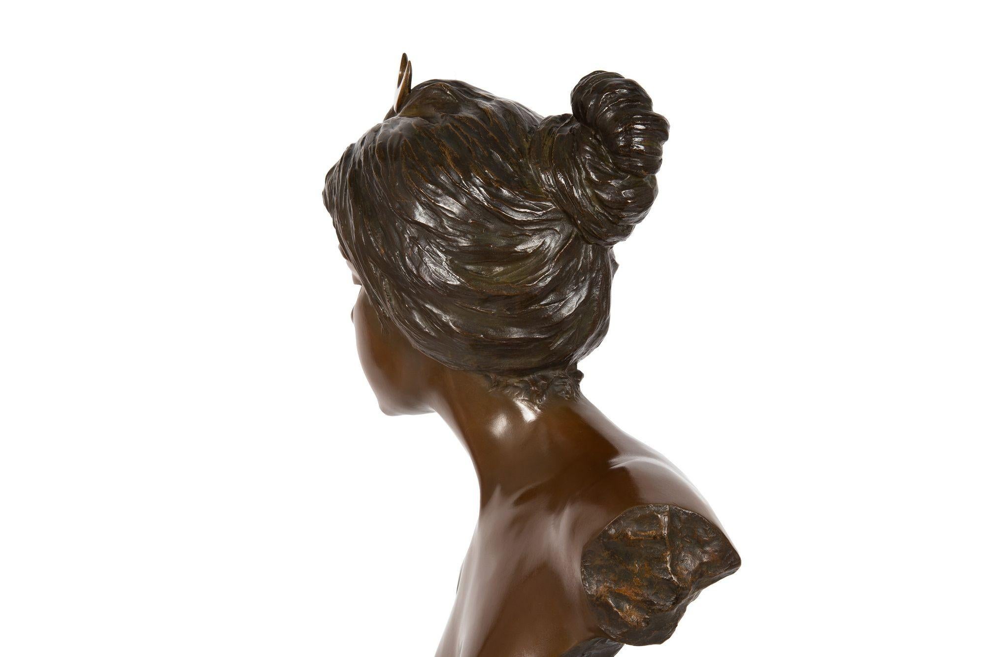 French Art Nouveau Bronze Sculpture “Bust of Diana” by Emmanuel Villanis For Sale 4