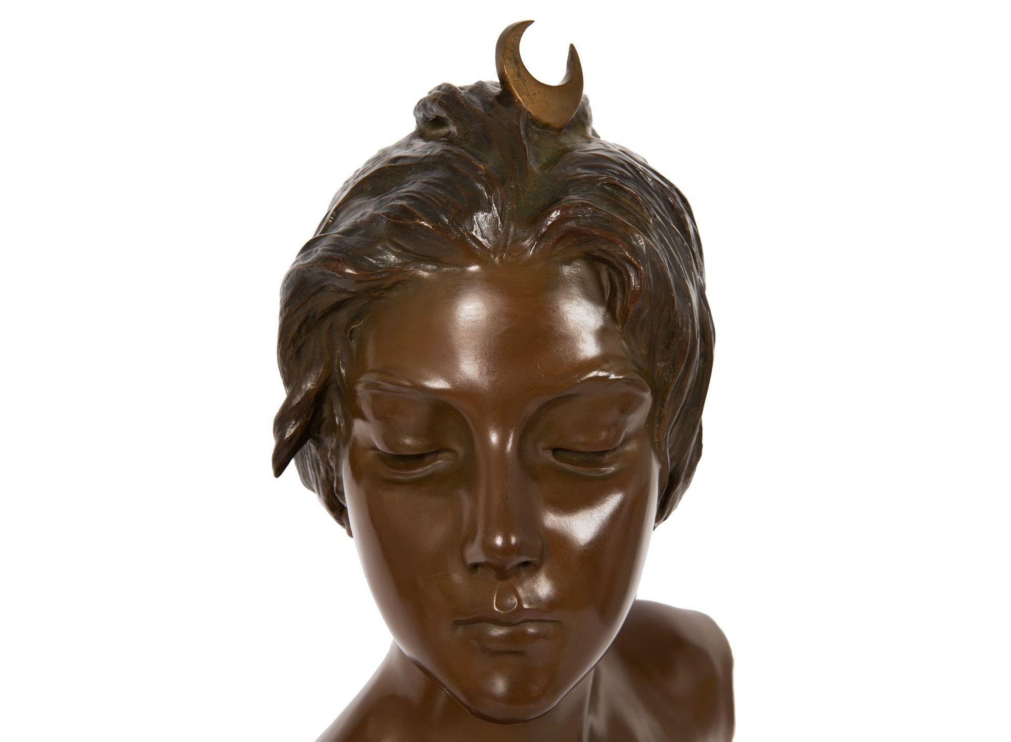 French Art Nouveau Bronze Sculpture “Bust of Diana” by Emmanuel Villanis For Sale 5