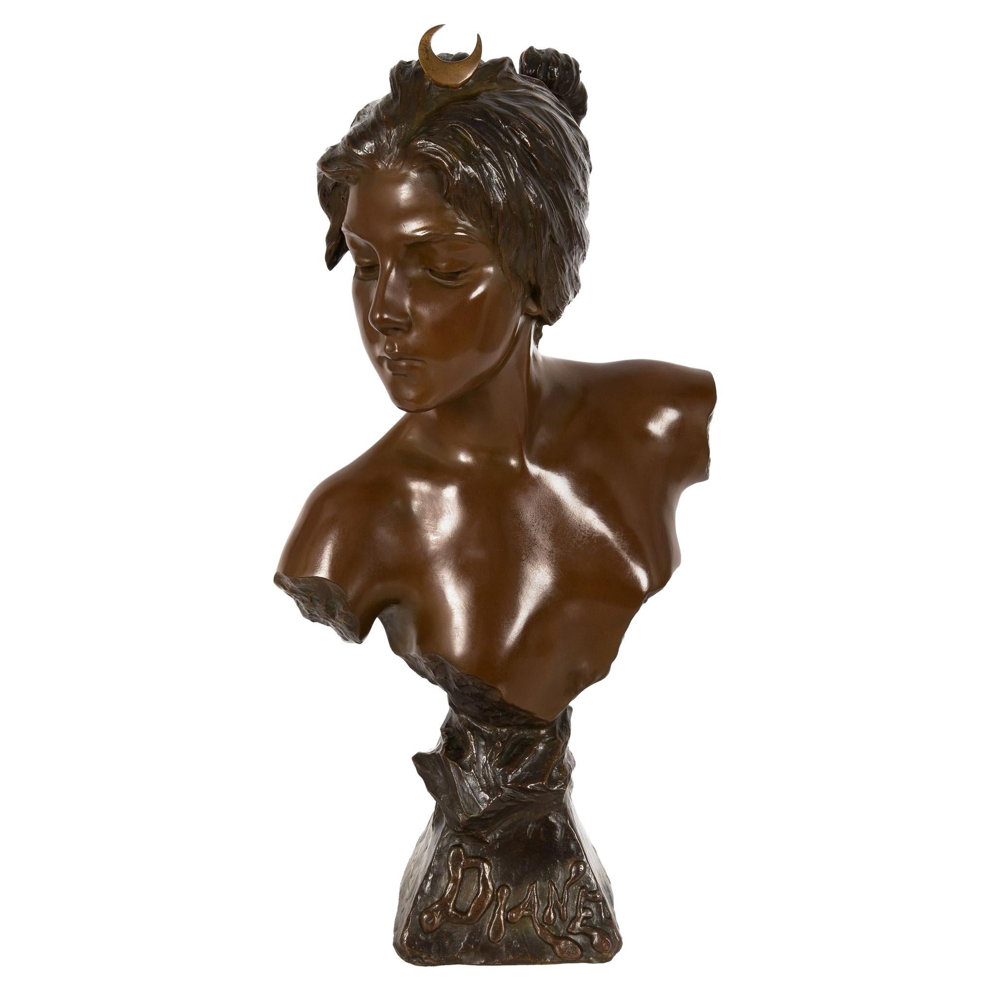 French Art Nouveau Bronze Sculpture “Bust of Diana” by Emmanuel Villanis For Sale