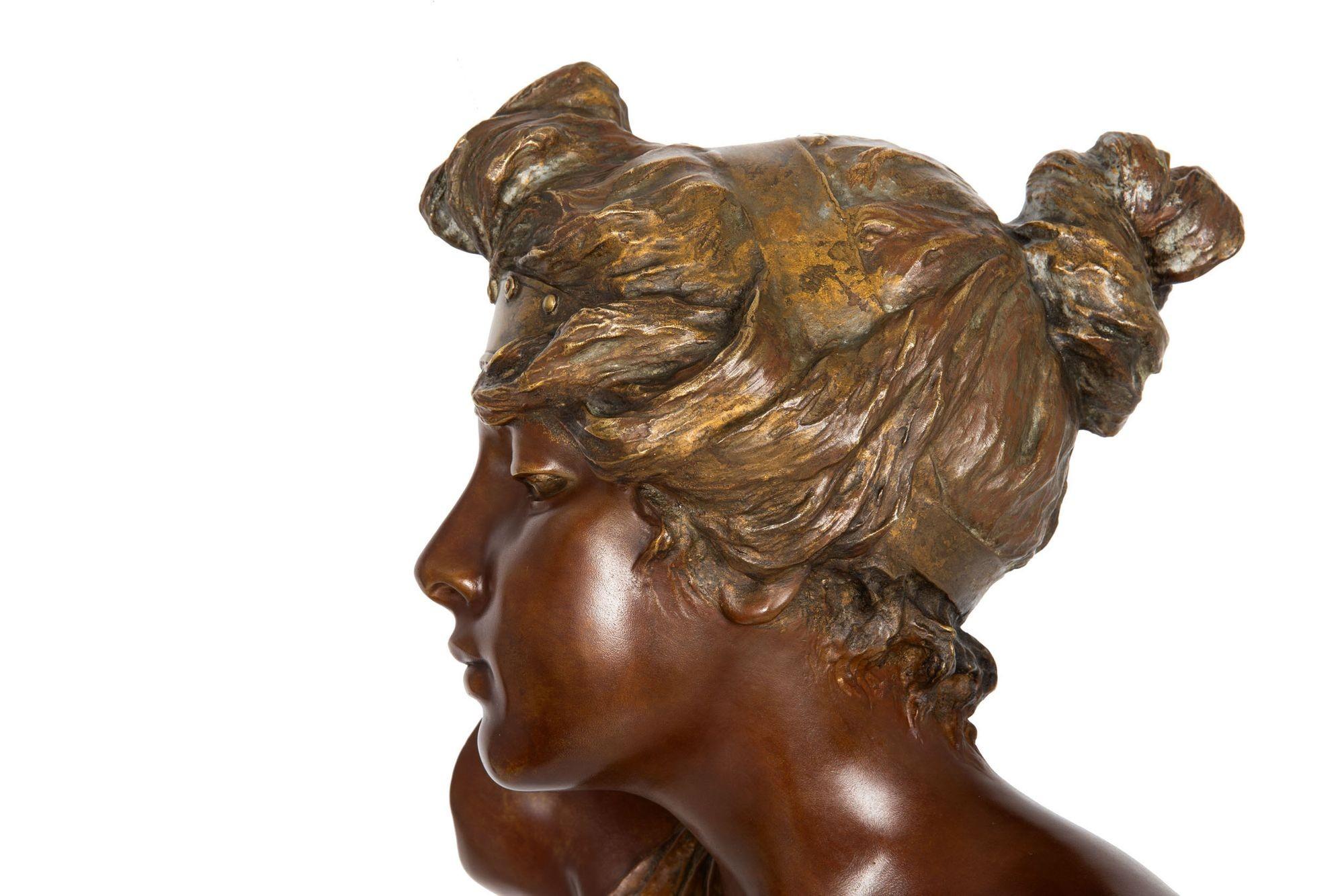 French Art Nouveau Bronze Sculpture “Bust of Thais” by Emmanuel Villanis For Sale 6