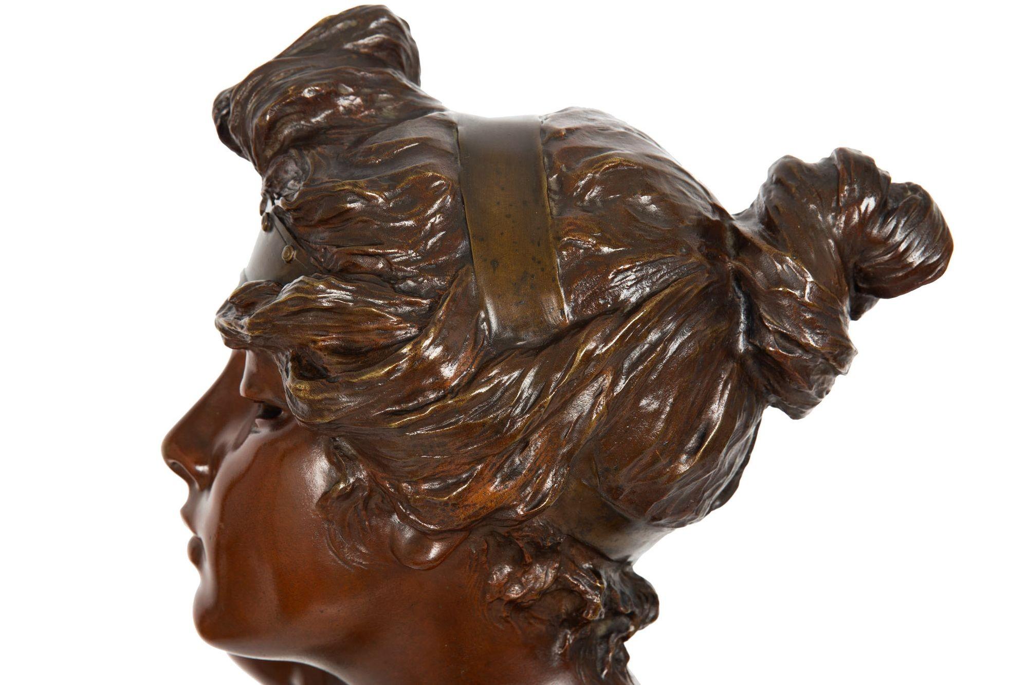 French Art Nouveau Bronze Sculpture “Bust of Thais” by Emmanuel Villanis For Sale 8