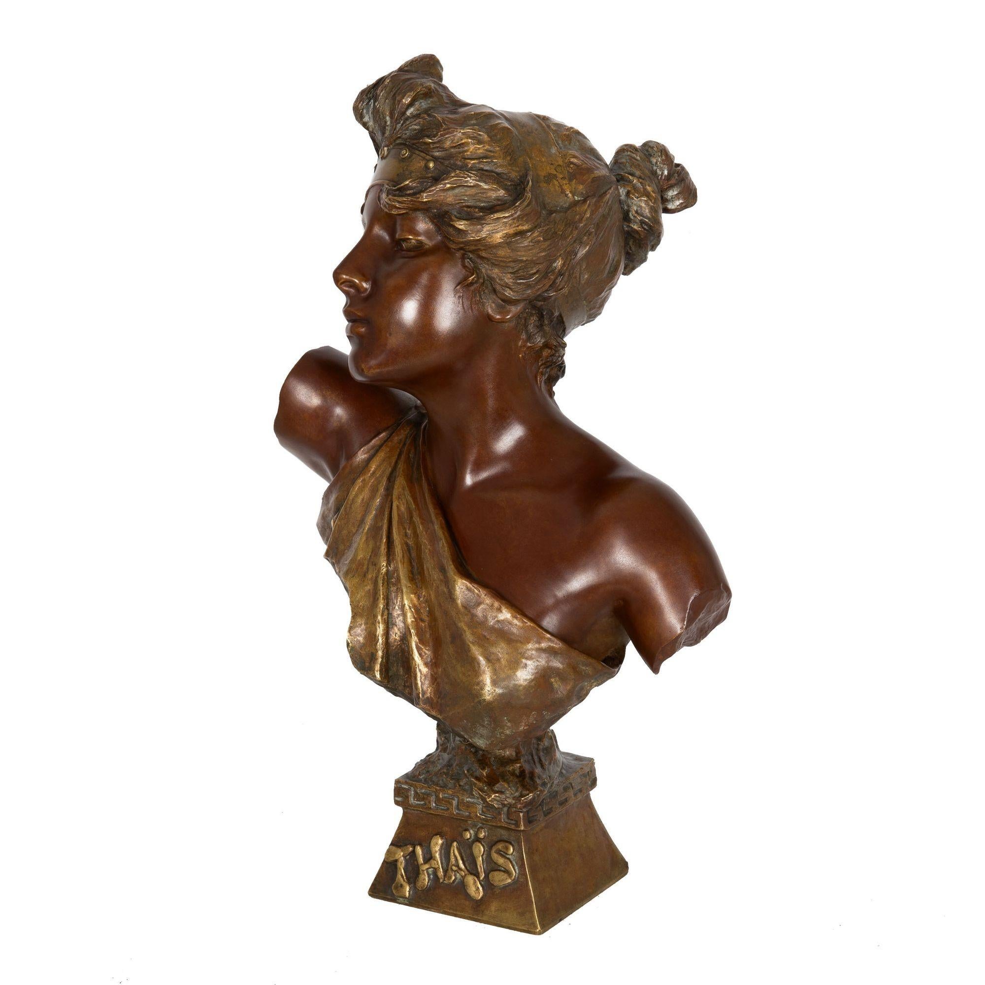 French Art Nouveau Bronze Sculpture “Bust of Thais” by Emmanuel Villanis In Good Condition For Sale In Shippensburg, PA