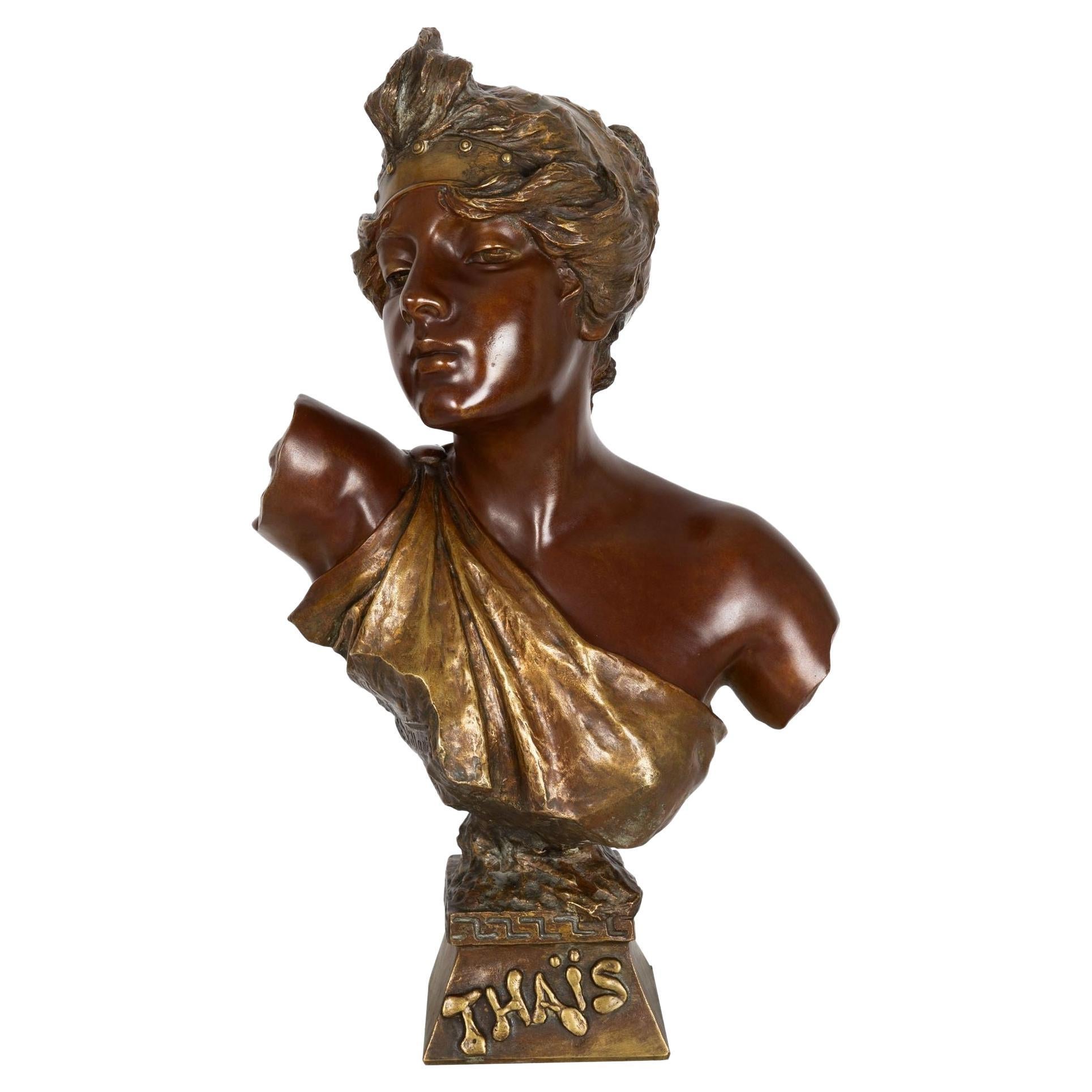 French Art Nouveau Bronze Sculpture “Bust of Thais” by Emmanuel Villanis For Sale