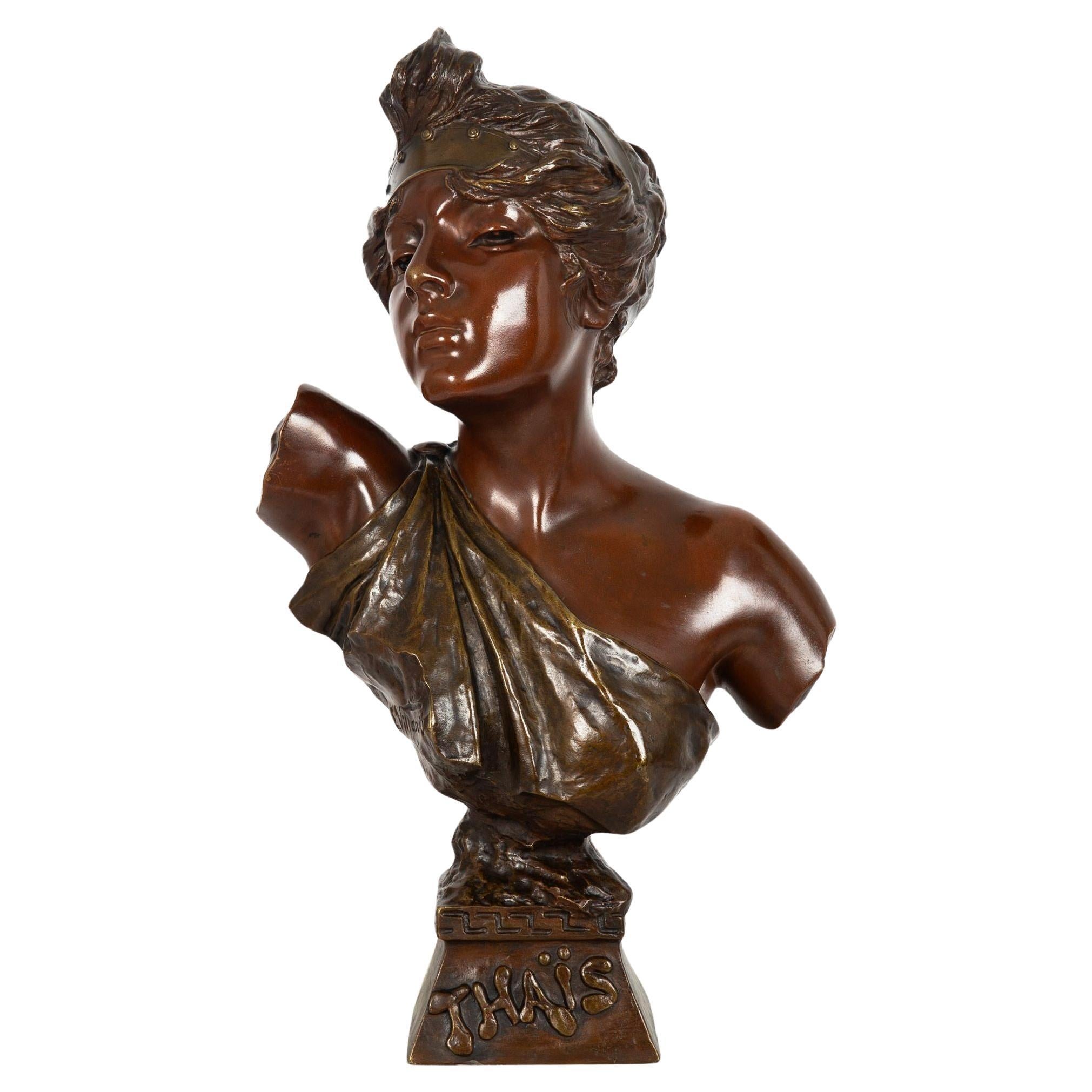 French Art Nouveau Bronze Sculpture “Bust of Thais” by Emmanuel Villanis