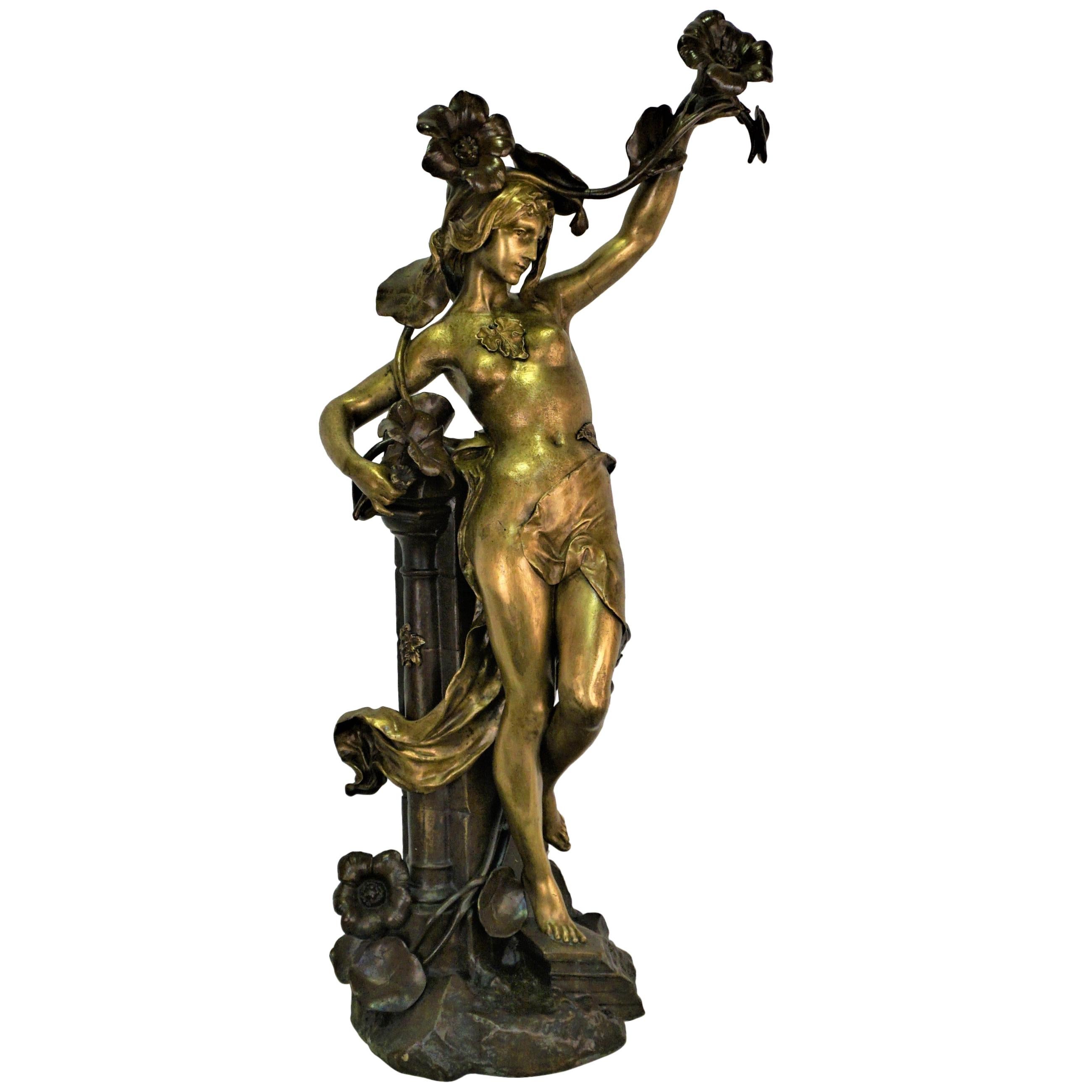 Beautiful Signed Art Nouveau Gilt Bronze Sculpture Figure Statue Naked Nude Girl 