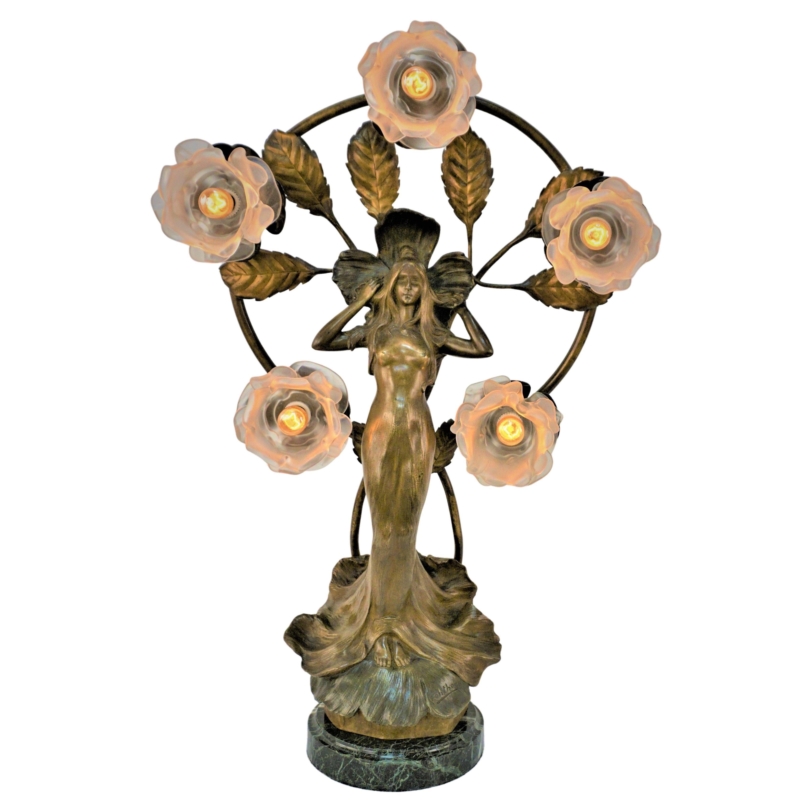 French Art Nouveau Bronze Sculpture Table Lamp