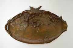French Art Nouveau Bronze Small Tray / Large Vide-Poche, Birds & Cherries, 1900s
