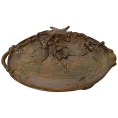 French Art Nouveau Bronze Small Tray / Large Vide-Poche, Birds & Cherries, 1900s