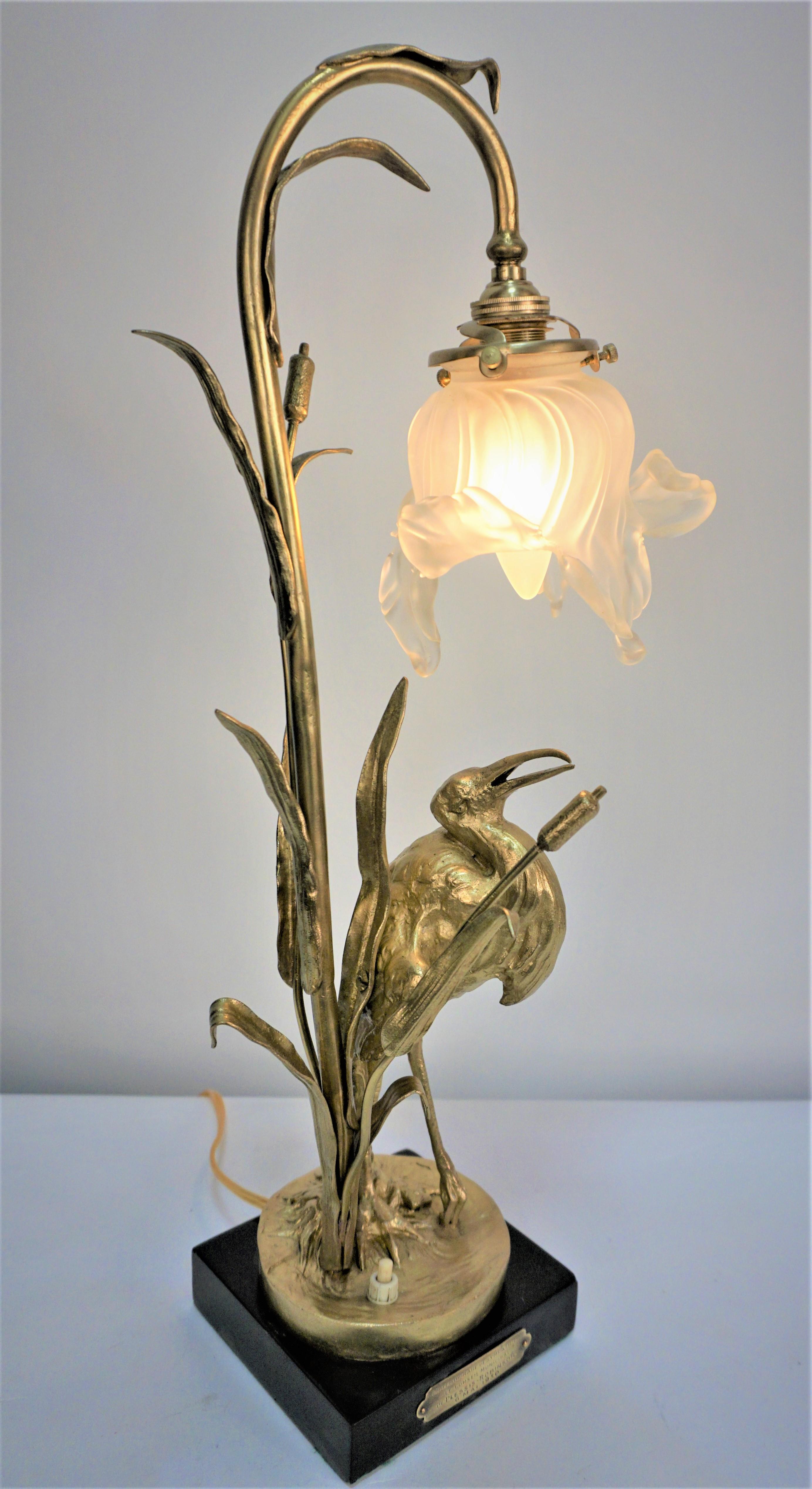 Marble French Art Nouveau Bronze Table Lamp by E. Urbain For Sale