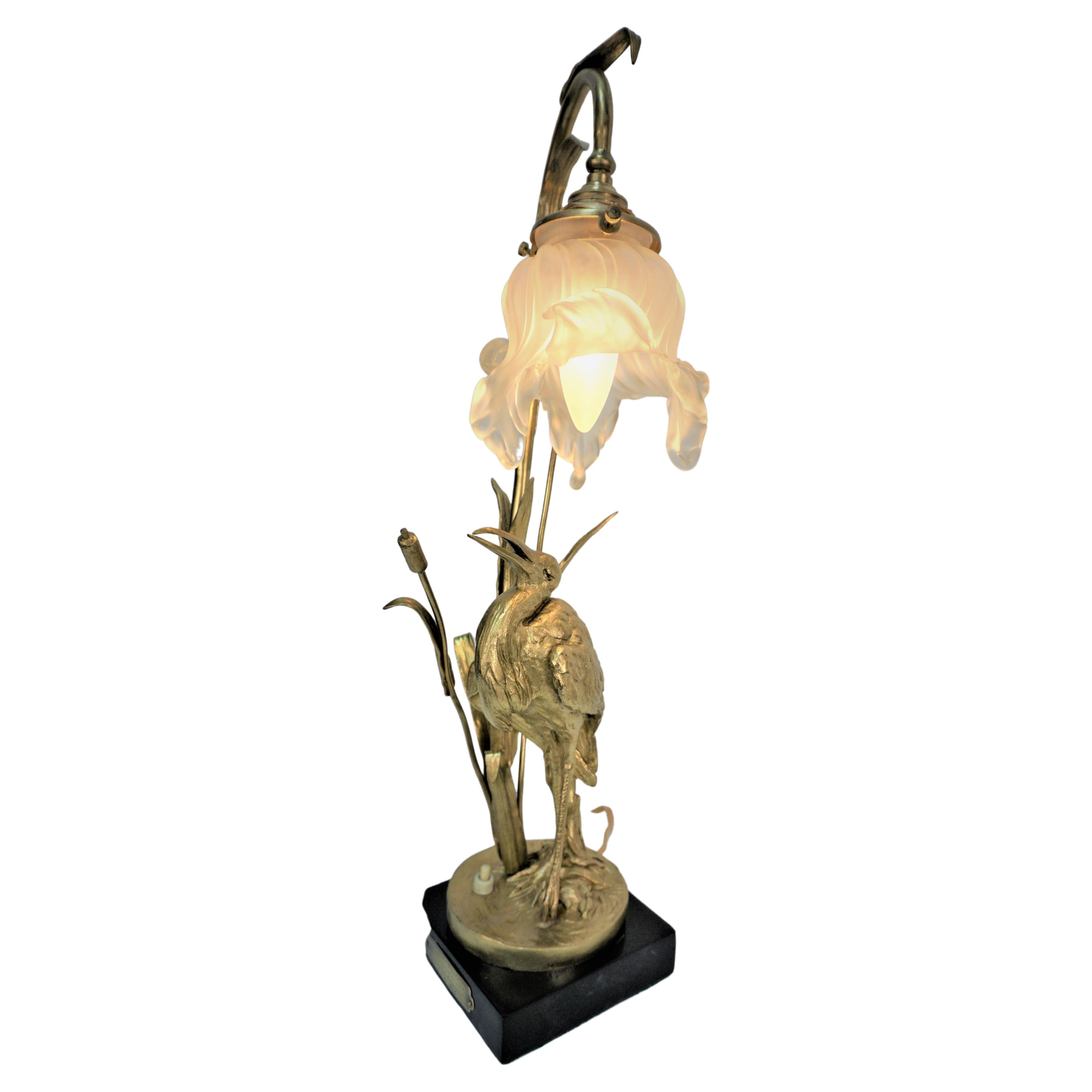 French Art Nouveau Bronze Table Lamp by E. Urbain For Sale