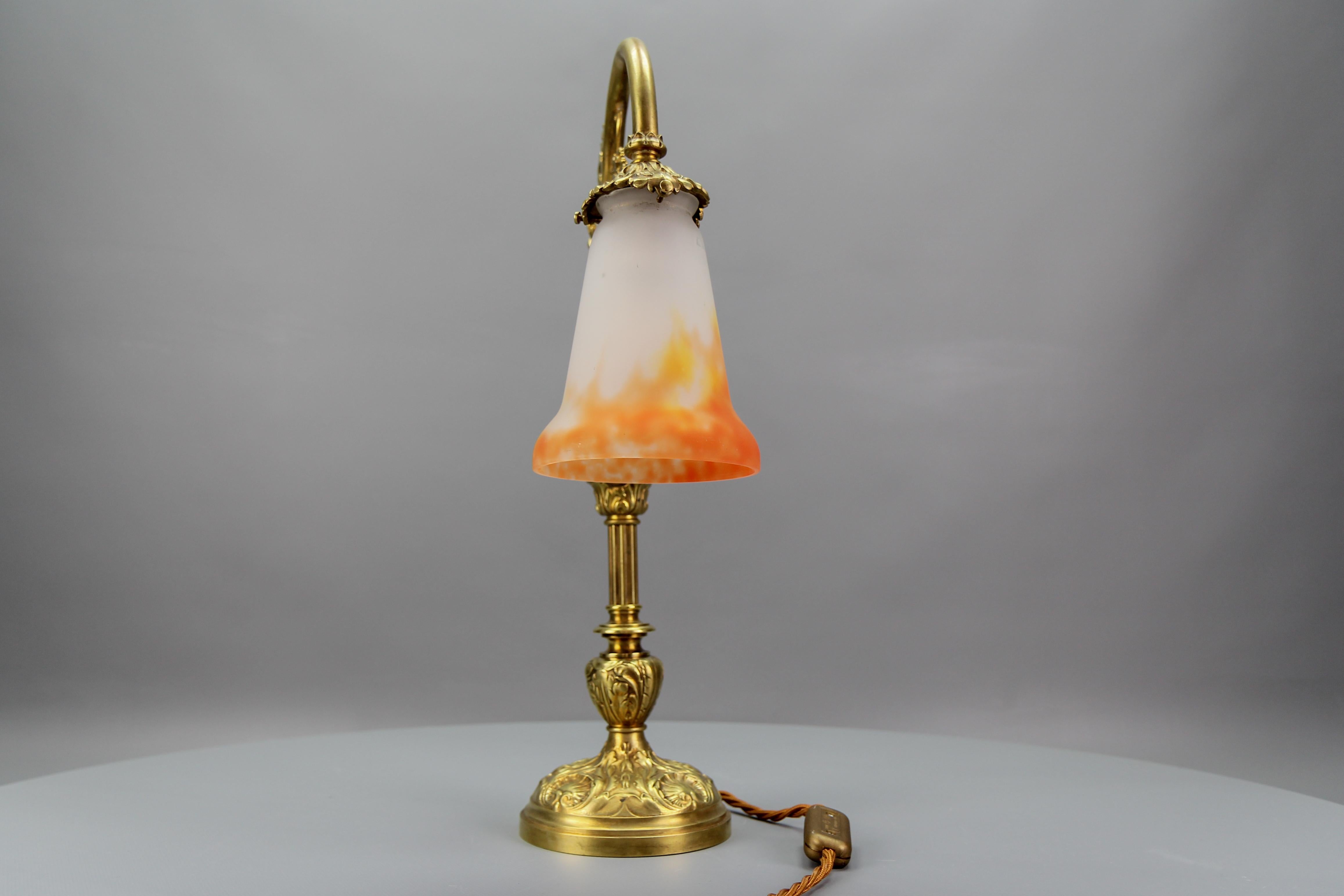 Gilt French Art Nouveau Bronze Table Lamp with Glass Shade Signed GV De Croismare For Sale
