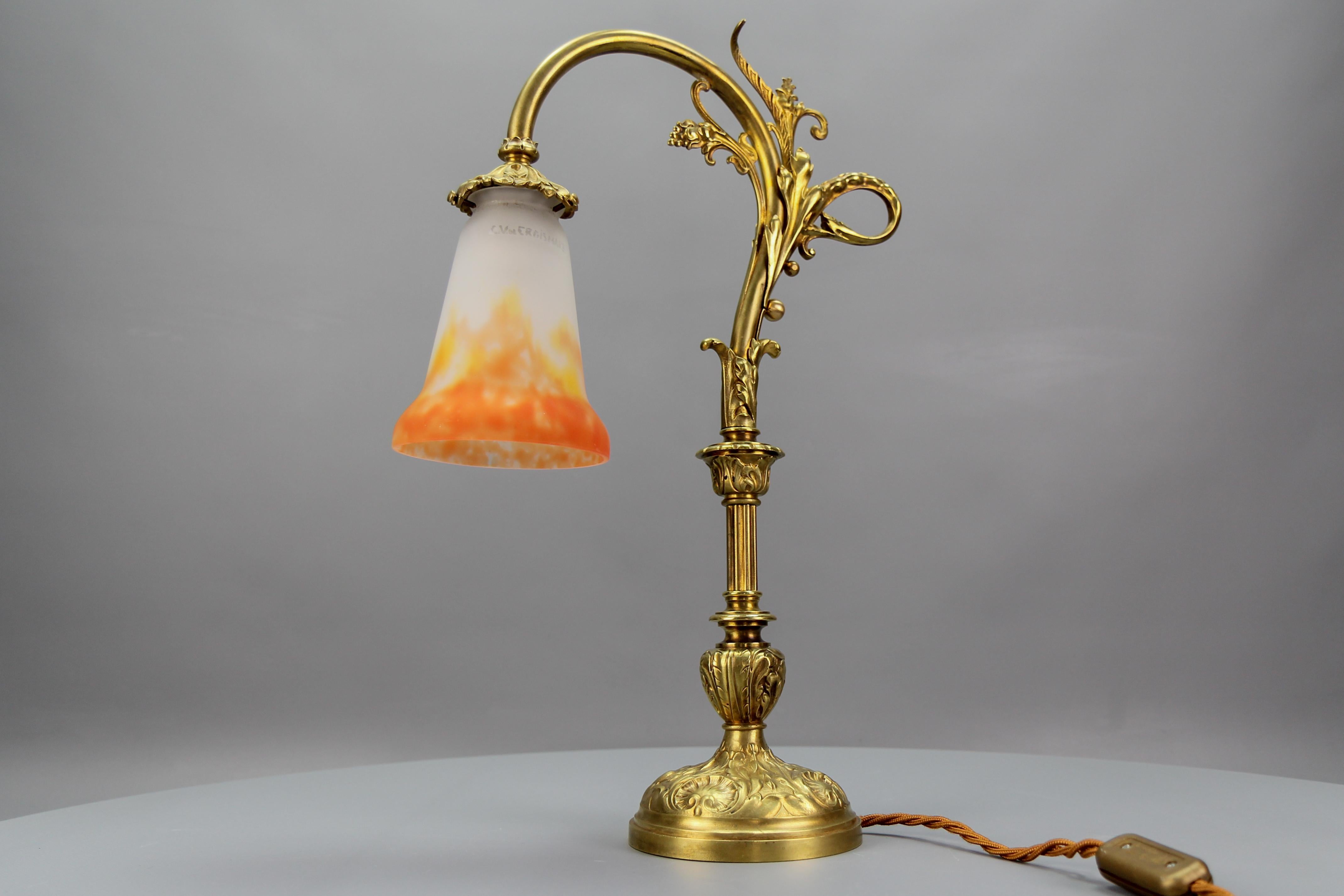 Early 20th Century French Art Nouveau Bronze Table Lamp with Glass Shade Signed GV De Croismare For Sale