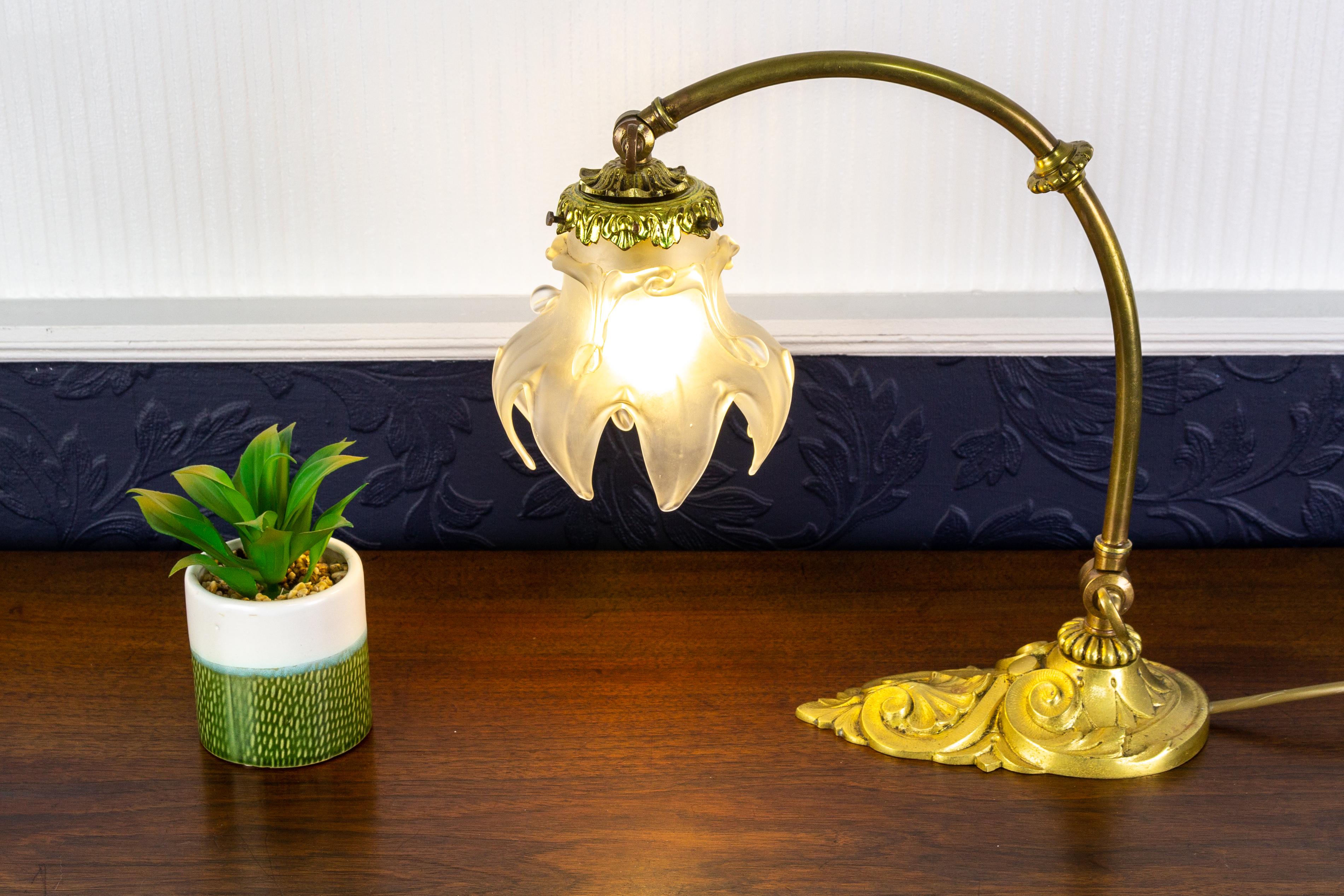 French Art Nouveau Bronze Table or Wall Lamp with Frosted Glass Lampshade, 1930s 7