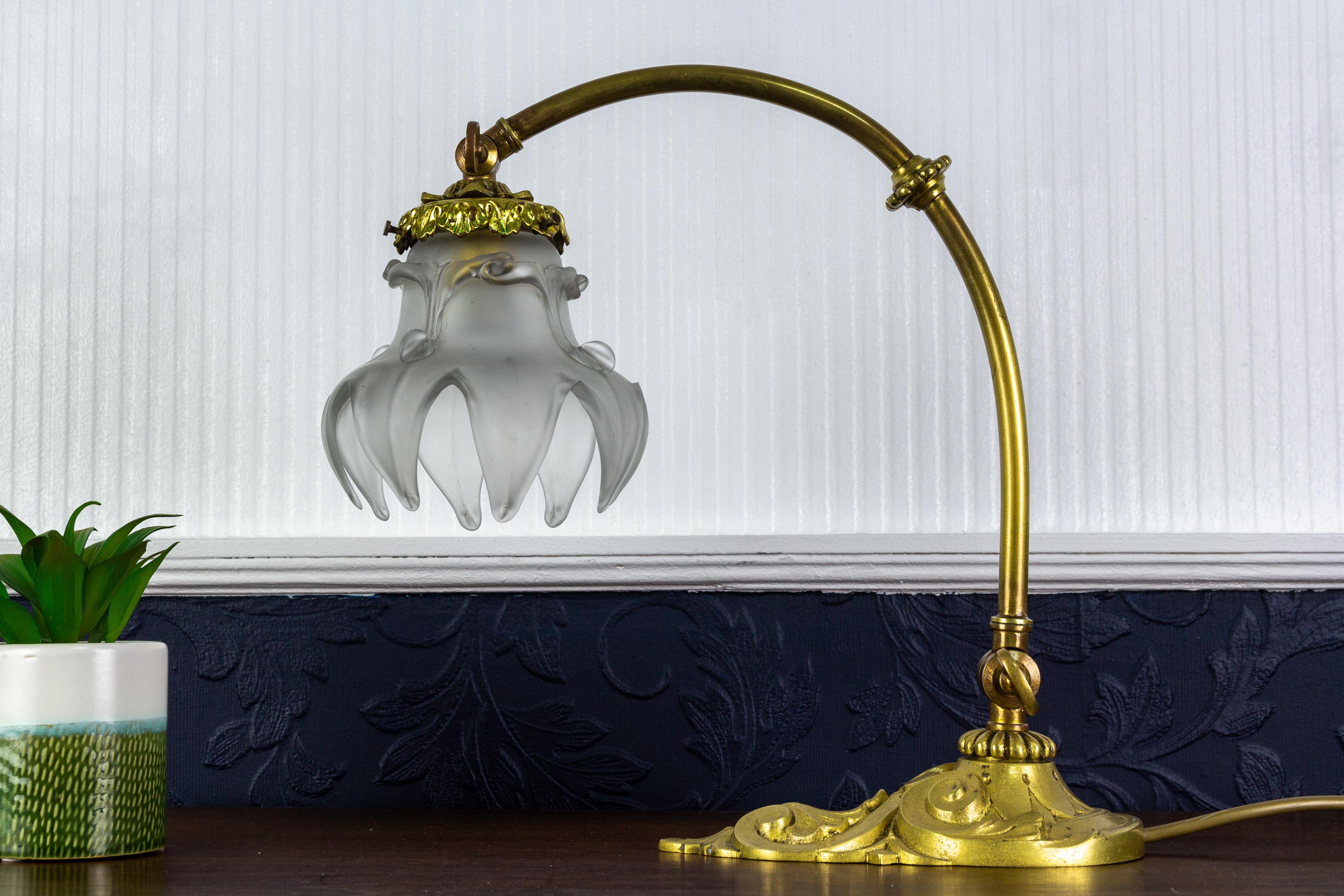 French Art Nouveau Bronze Table or Wall Lamp with Frosted Glass Lampshade, 1930s 8