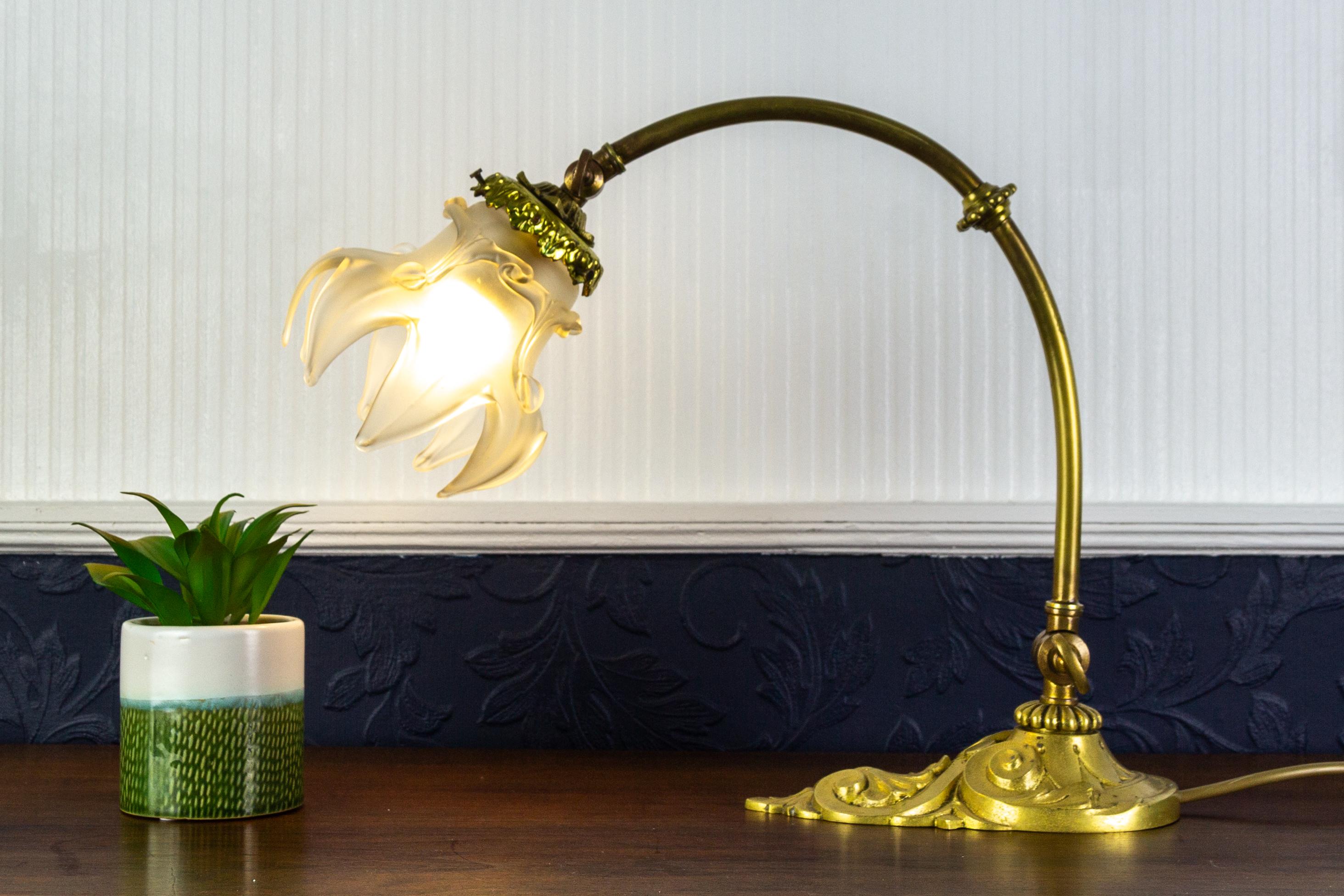 French Art Nouveau Bronze Table or Wall Lamp with Frosted Glass Lampshade, 1930s 9