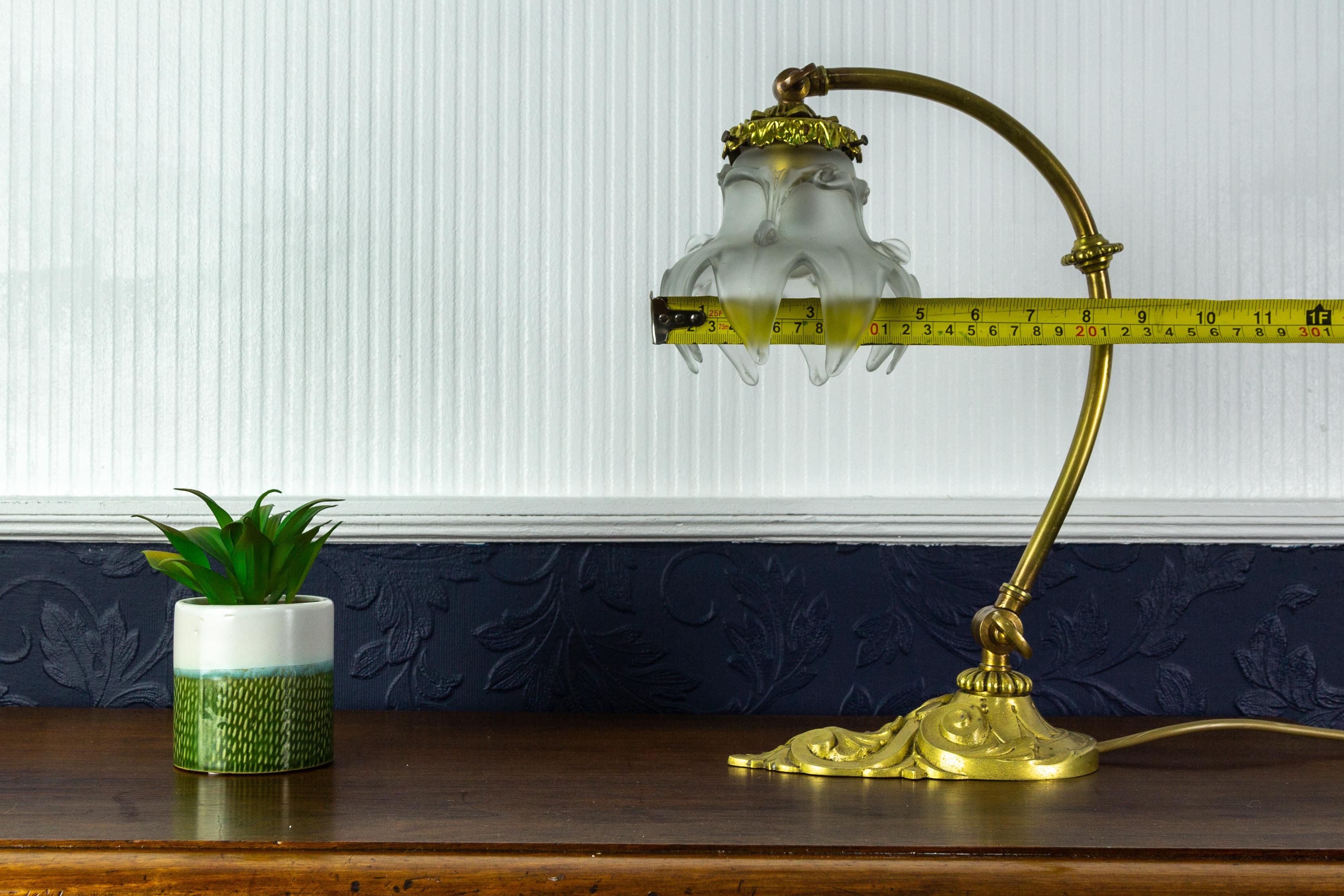 French Art Nouveau Bronze Table or Wall Lamp with Frosted Glass Lampshade, 1930s 12