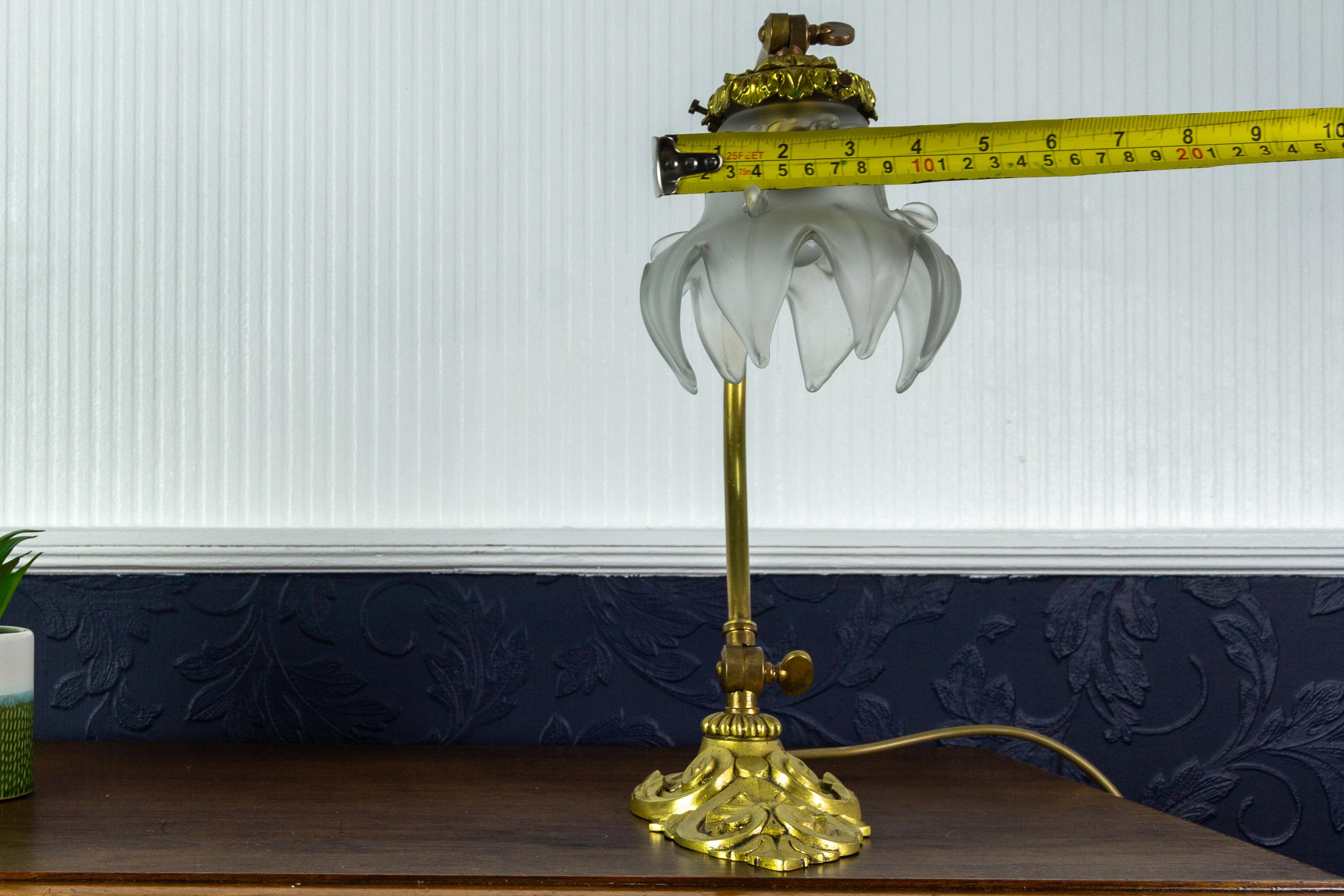 French Art Nouveau Bronze Table or Wall Lamp with Frosted Glass Lampshade, 1930s 13