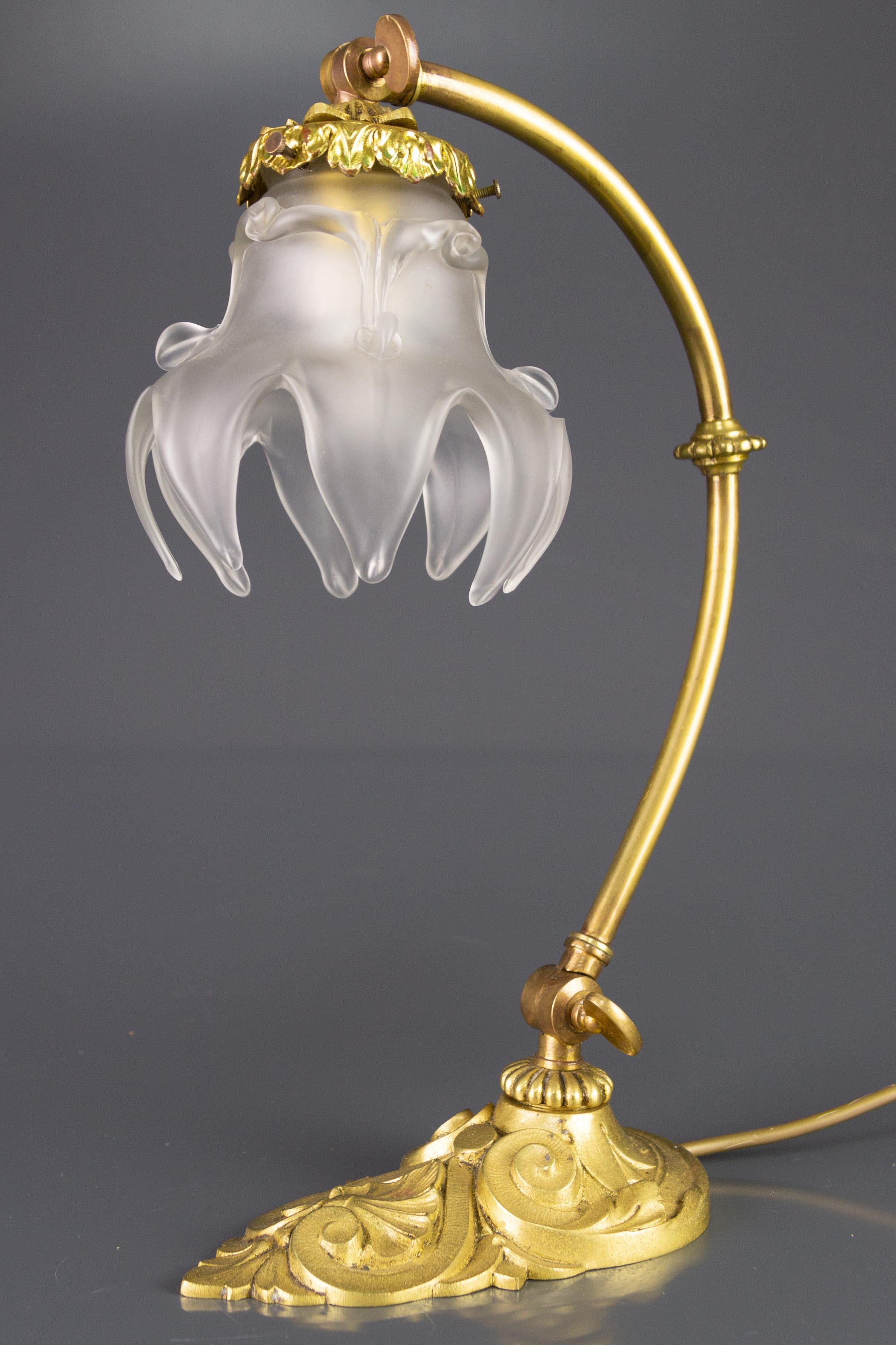 French Art Nouveau Bronze Table or Wall Lamp with Frosted Glass Lampshade, 1930s 16