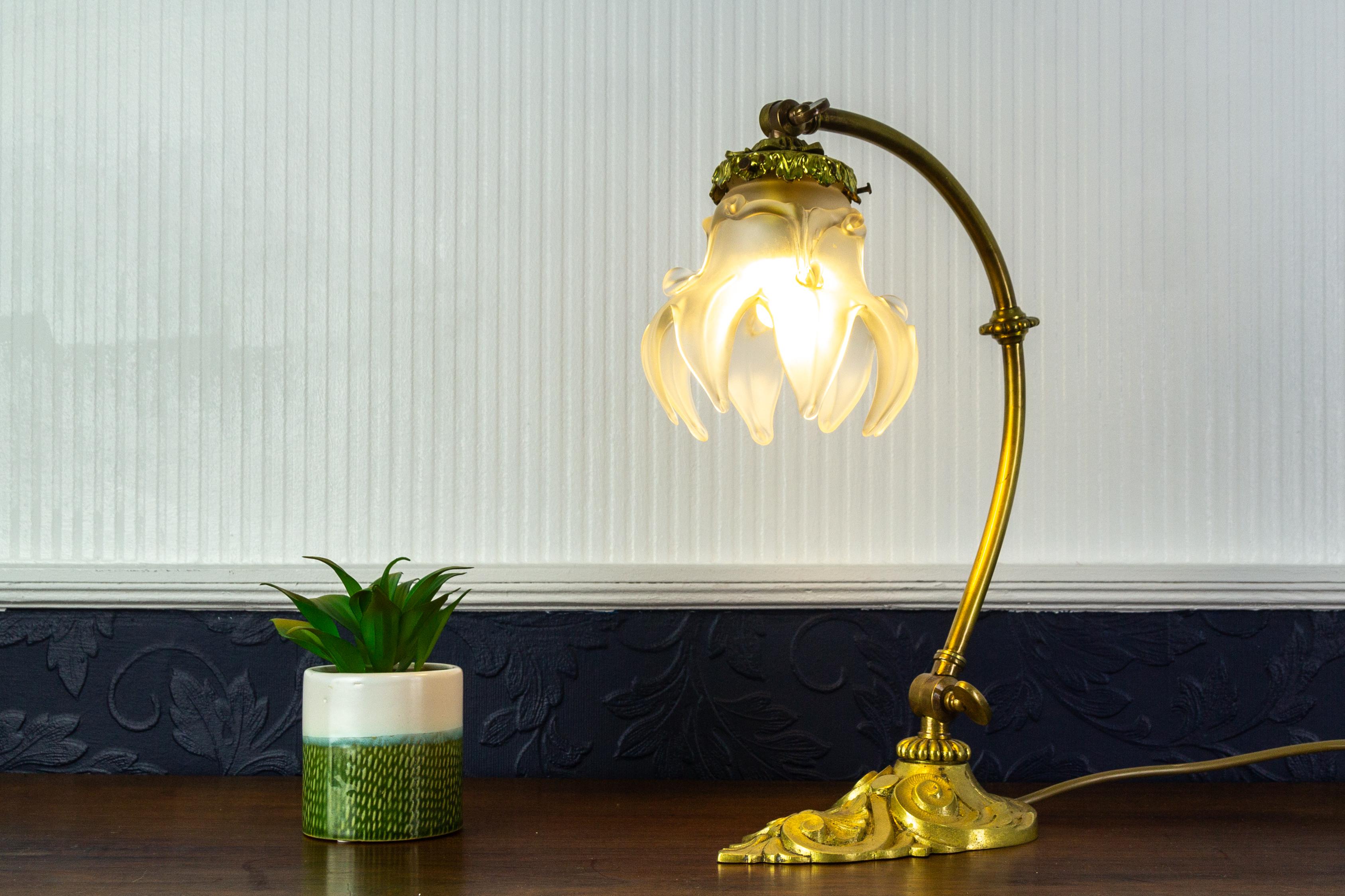 French Art Nouveau Bronze Table or Wall Lamp with Frosted Glass Lampshade, 1930s 2