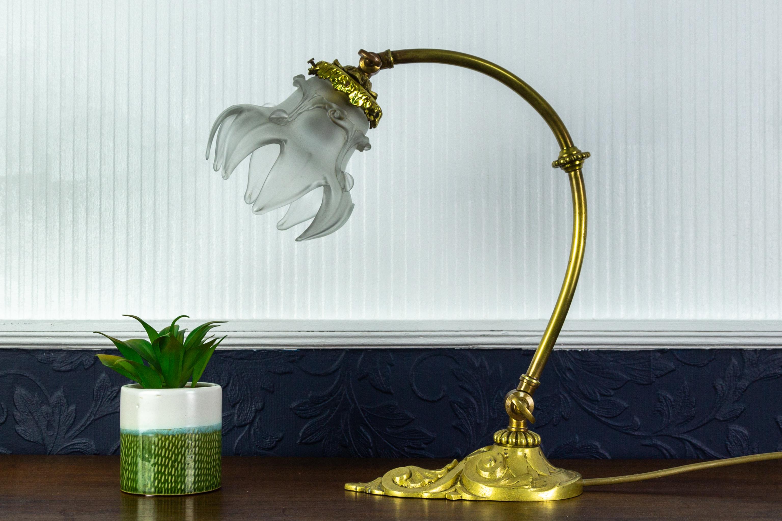 French Art Nouveau Bronze Table or Wall Lamp with Frosted Glass Lampshade, 1930s 5