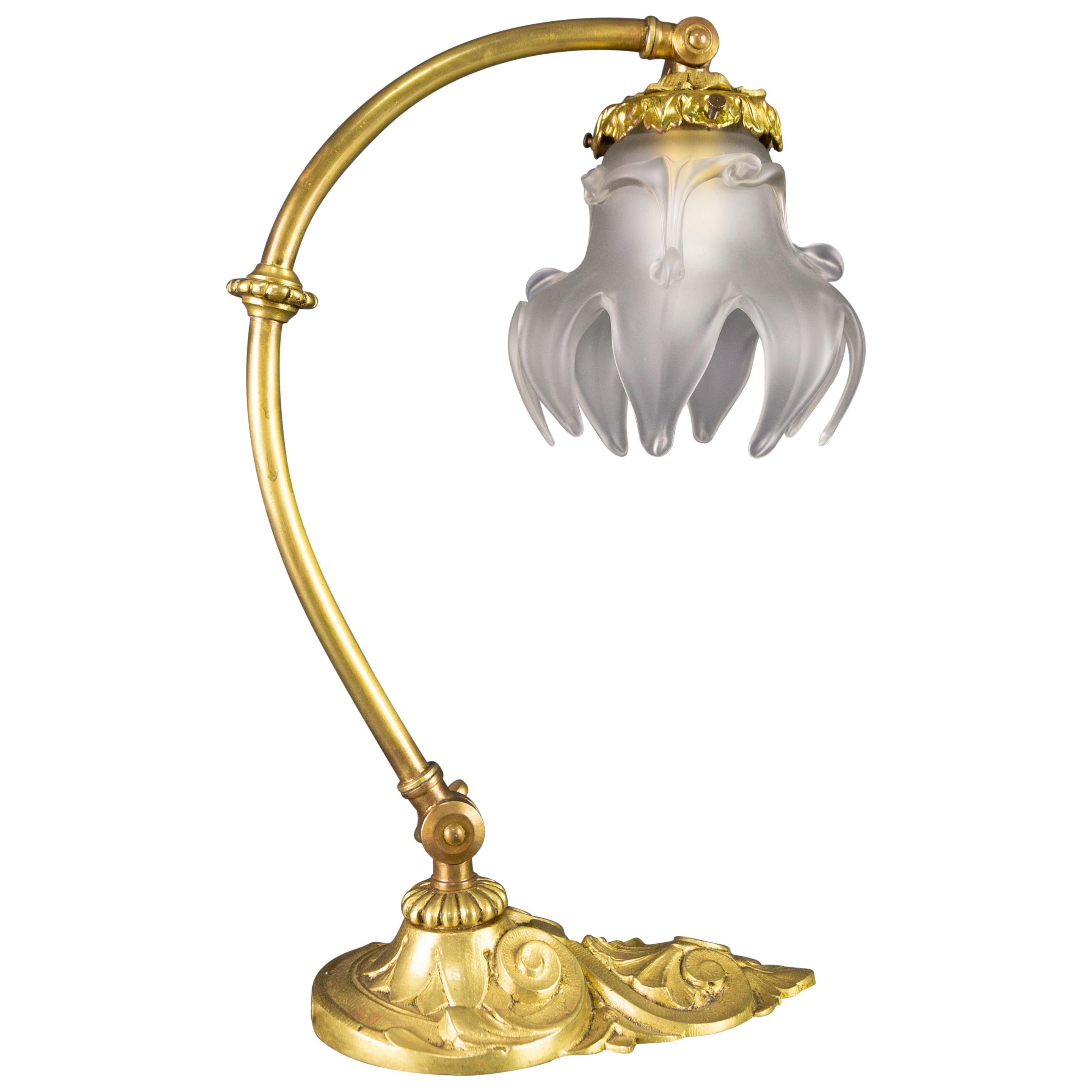 French Art Nouveau Bronze Table or Wall Lamp with Frosted Glass Lampshade, 1930s