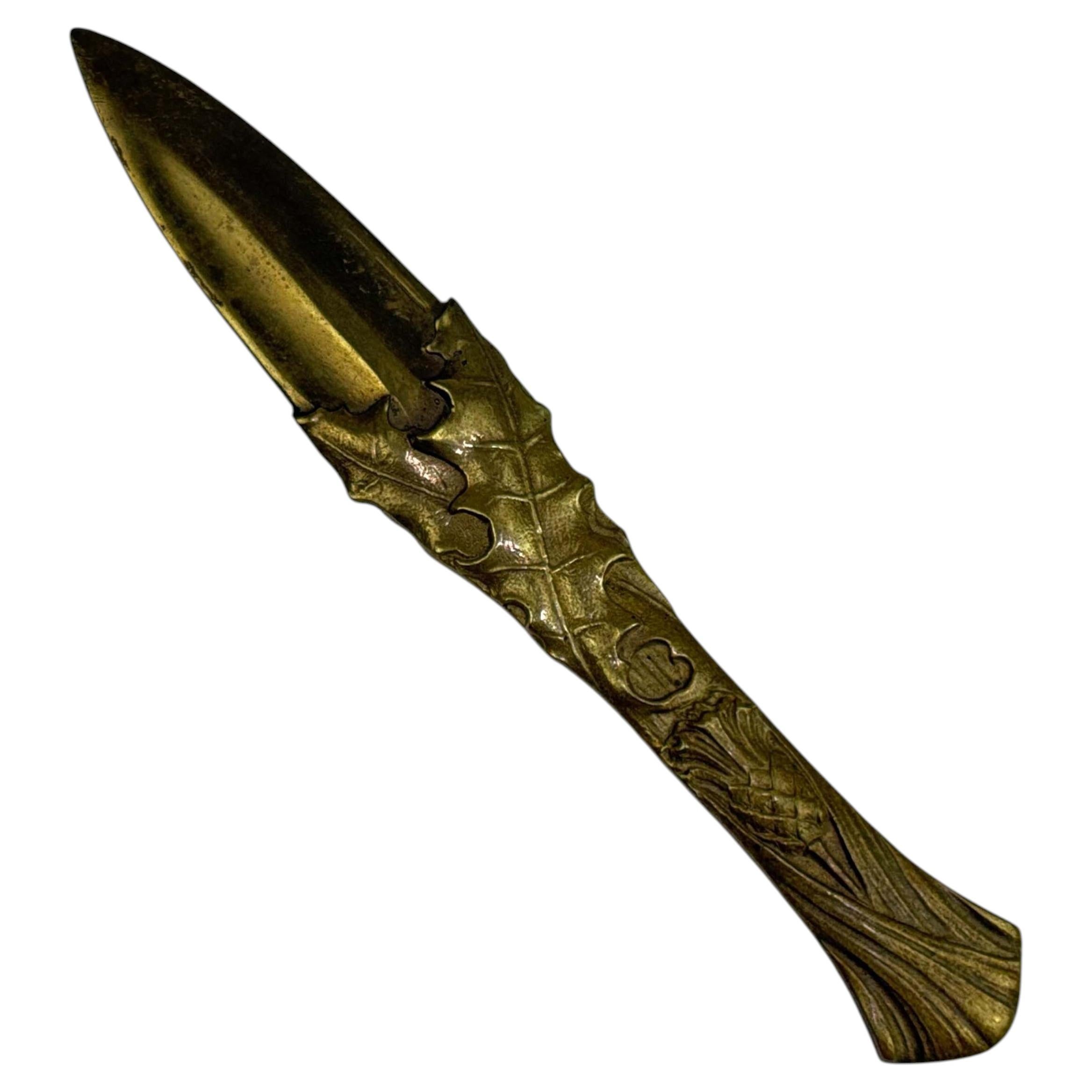 French Art Nouveau Bronze Thistle Letter Opener or Paper Knife, Signed For Sale